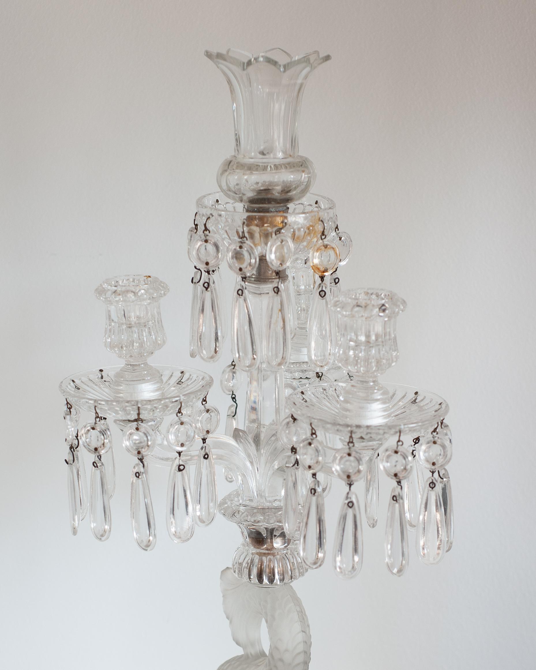 French Antique Pair of Signed Baccarat Dolphin Clear Crystal Three Armed Candelabras For Sale