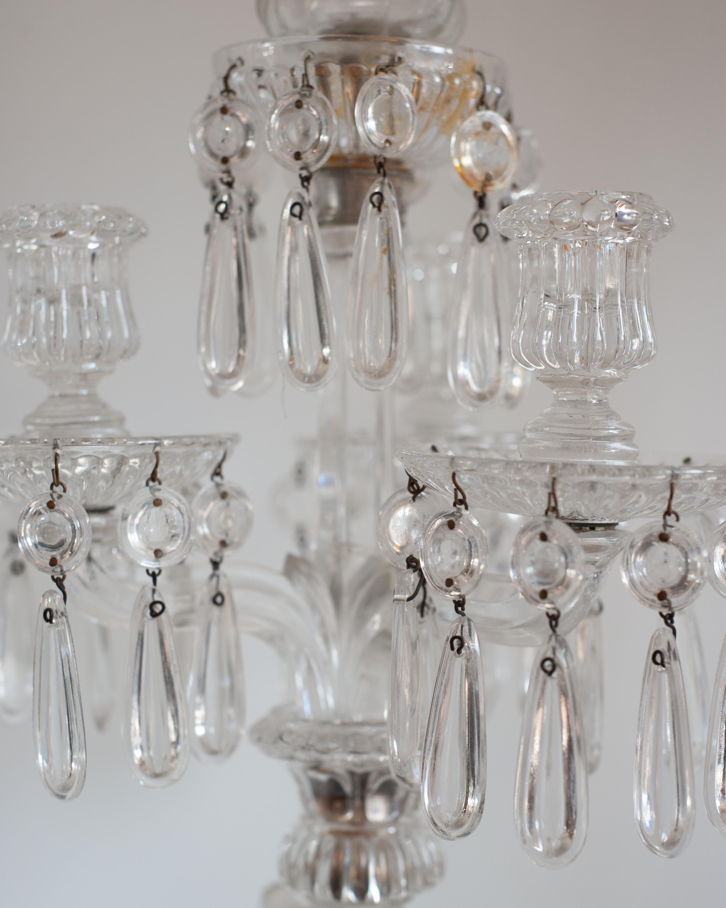 20th Century Antique Pair of Signed Baccarat Dolphin Clear Crystal Three Armed Candelabras For Sale