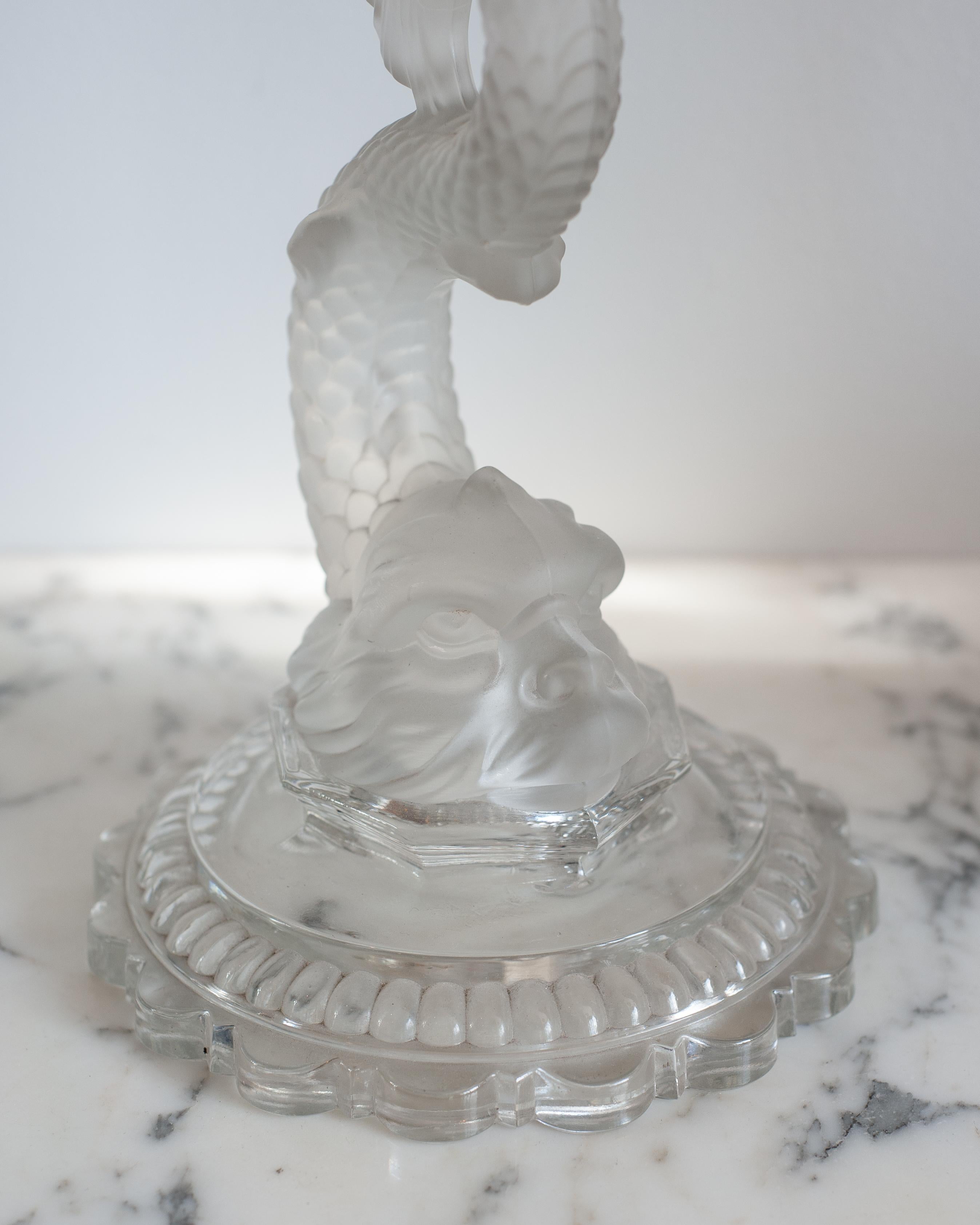 Metal Antique Pair of Signed Baccarat Dolphin Clear Crystal Three Armed Candelabras