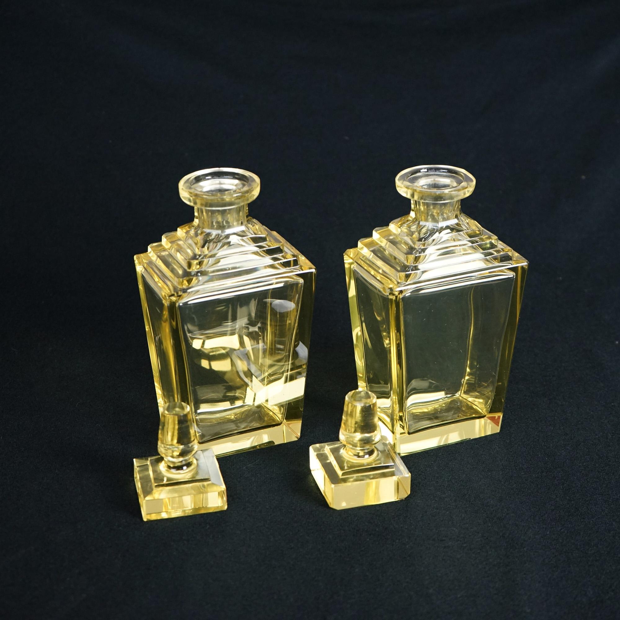 European Antique Pair of Baccarat School Crystal Art Deco Citrine Glass Decanters c1920