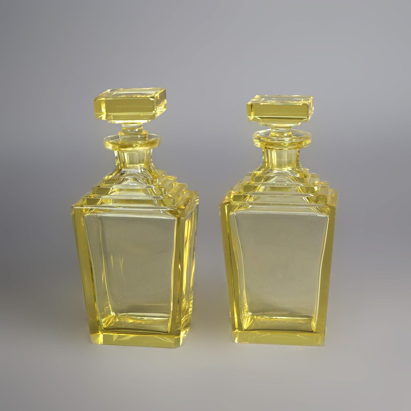 Antique Pair of Baccarat School Crystal Art Deco Citrine Glass Decanters c1920 In Good Condition In Big Flats, NY