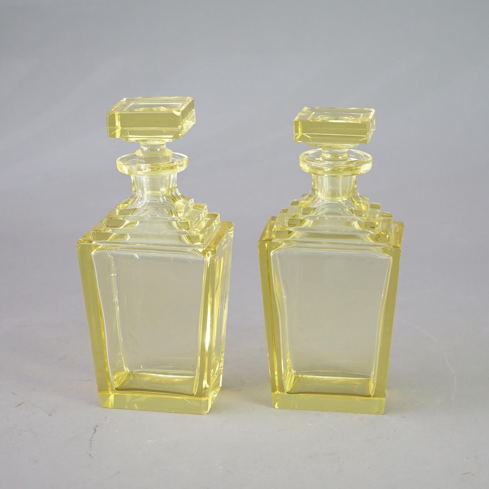 20th Century Antique Pair of Baccarat School Crystal Art Deco Citrine Glass Decanters c1920