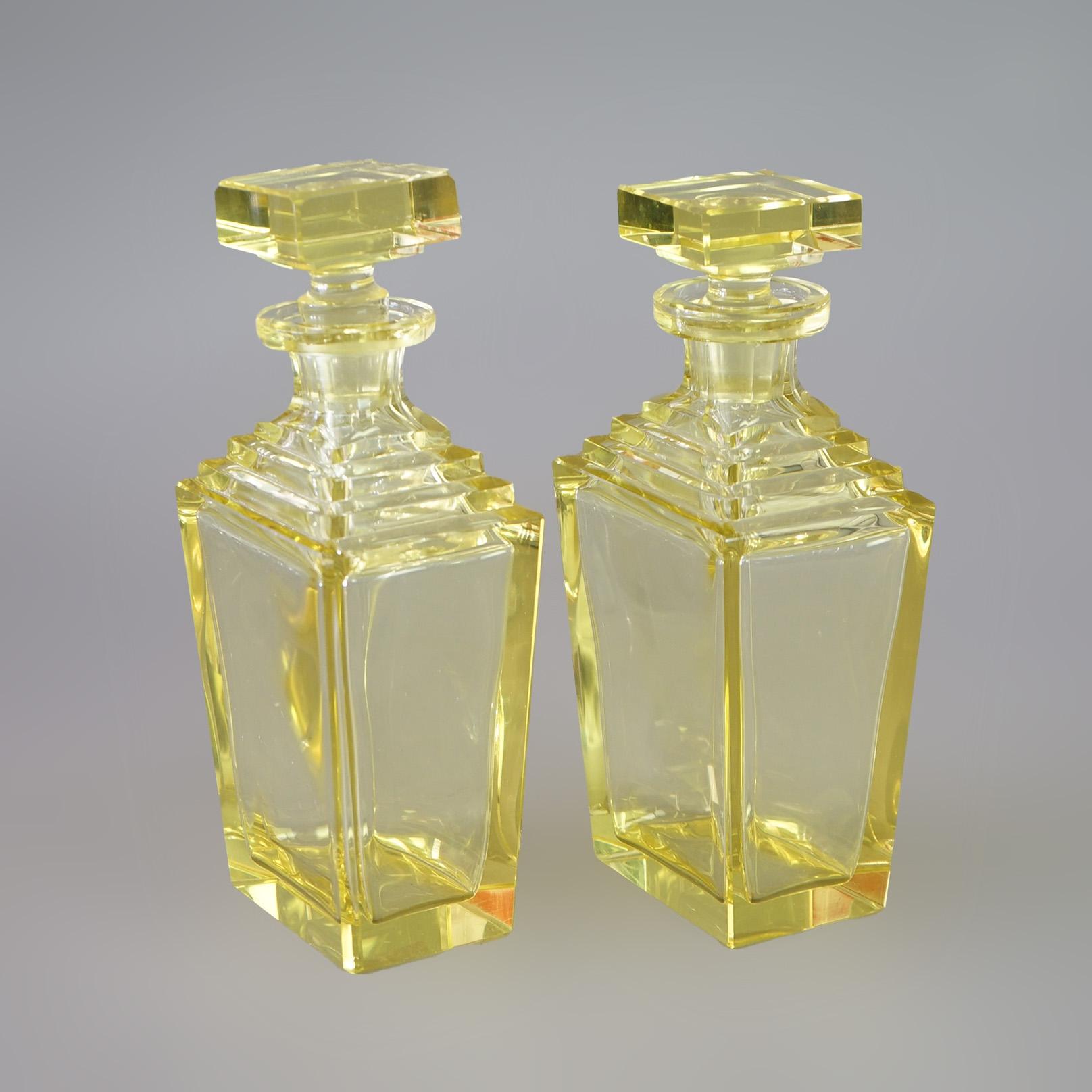 Antique Pair of Baccarat School Crystal Art Deco Citrine Glass Decanters c1920 1