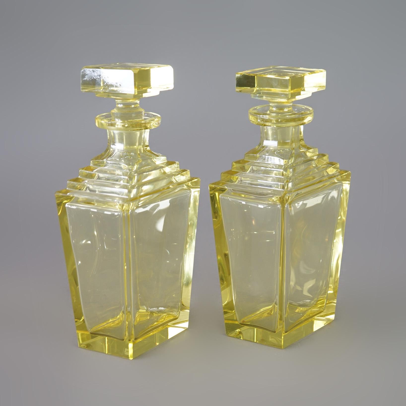Antique Pair of Baccarat School Crystal Art Deco Citrine Glass Decanters c1920 2