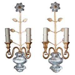 Antique Pair of Bagues-Style Bronze and Glass Floral Sconces