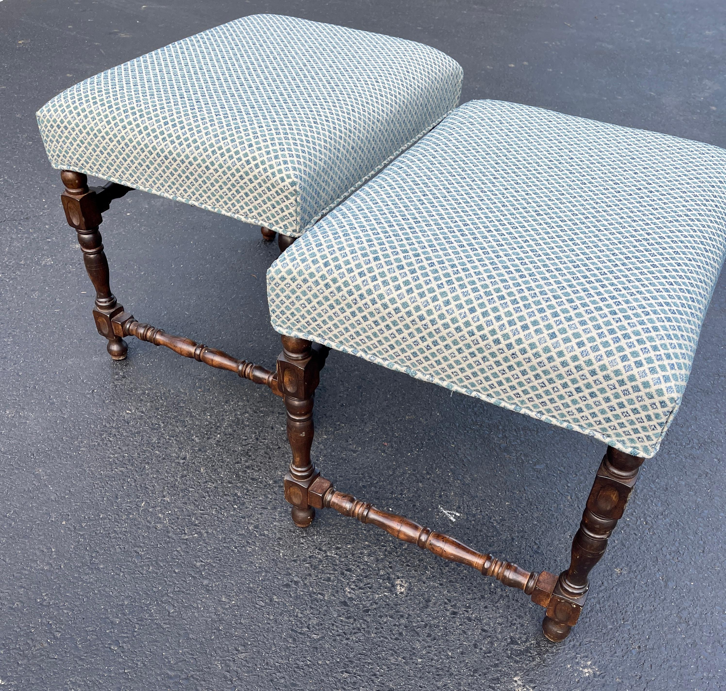 Late Victorian Antique Pair of Barley Twist Upholstered Ottomans, Late 19th Century