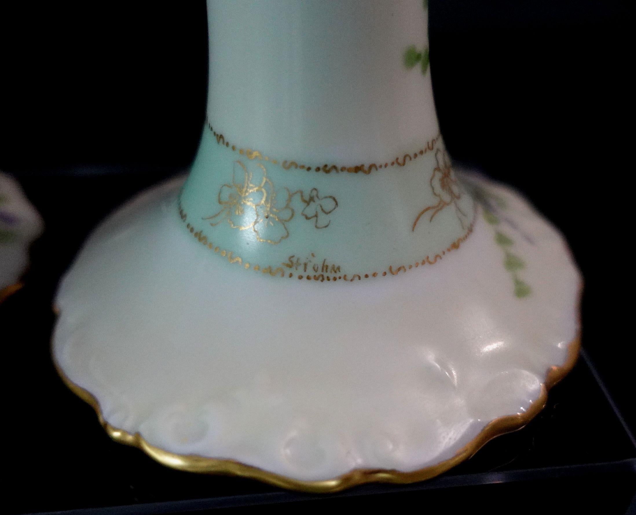 Porcelain Antique Pair of Bavarian German Candle Sticks, Marked and Signed, #R00009 For Sale