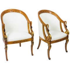 Antique Pair of Biedermeier Style Crème Leather Tub Armchairs, Mid-20th Century