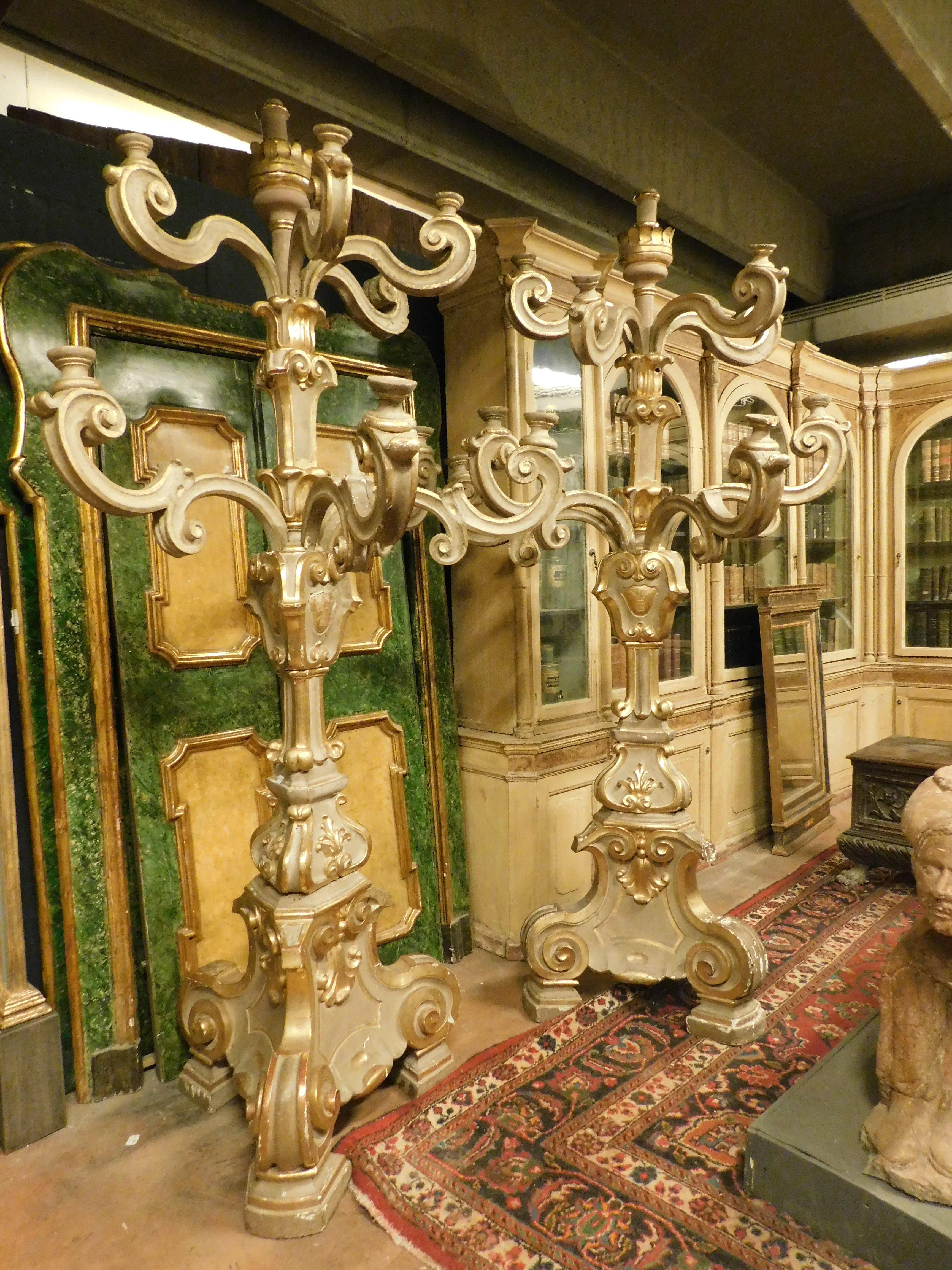Hand-Carved Antique pair of big gilded and carved wooden candlesticks, Florence (Italy) For Sale