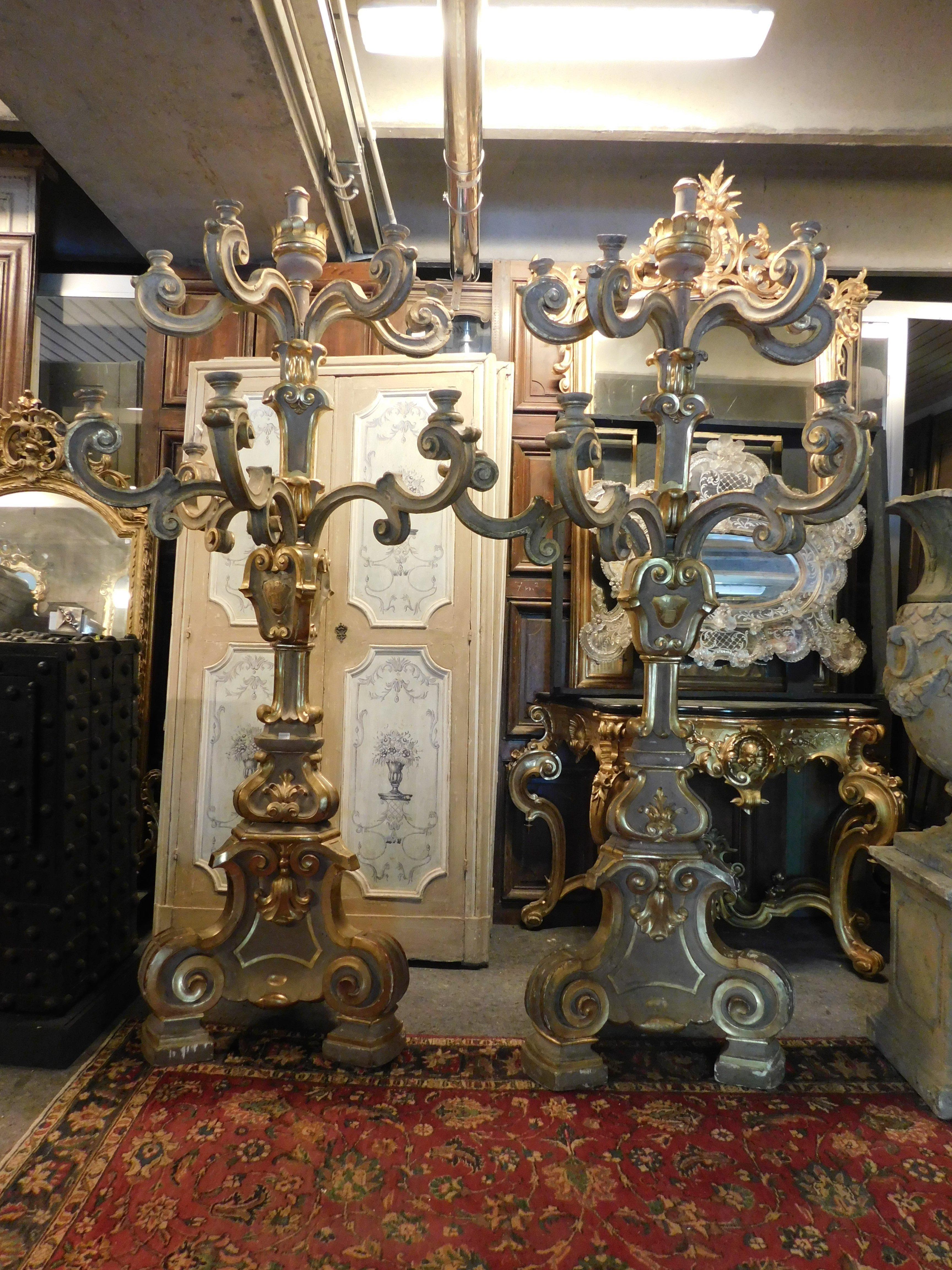 18th Century and Earlier Antique pair of big gilded and carved wooden candlesticks, Florence (Italy) For Sale