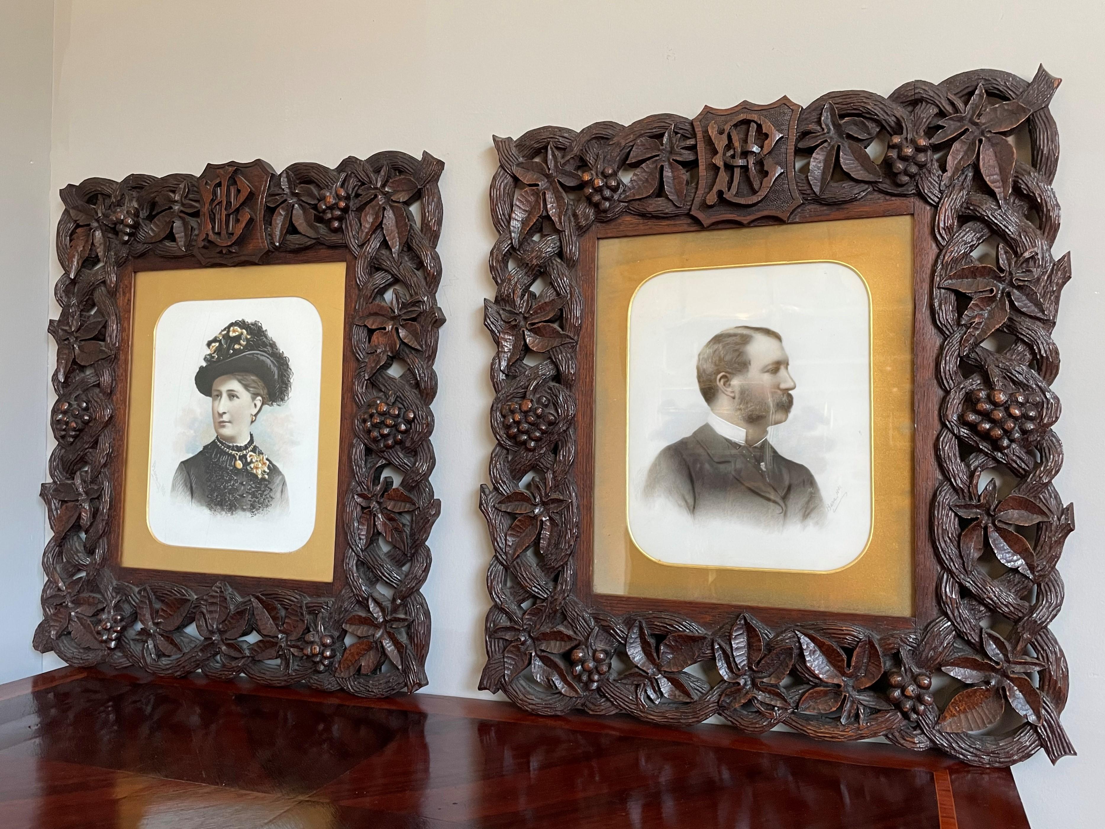 Hand-Carved Antique Pair of Black Forest Photo Frames / Wall Mirrors with Grapevine Frames For Sale