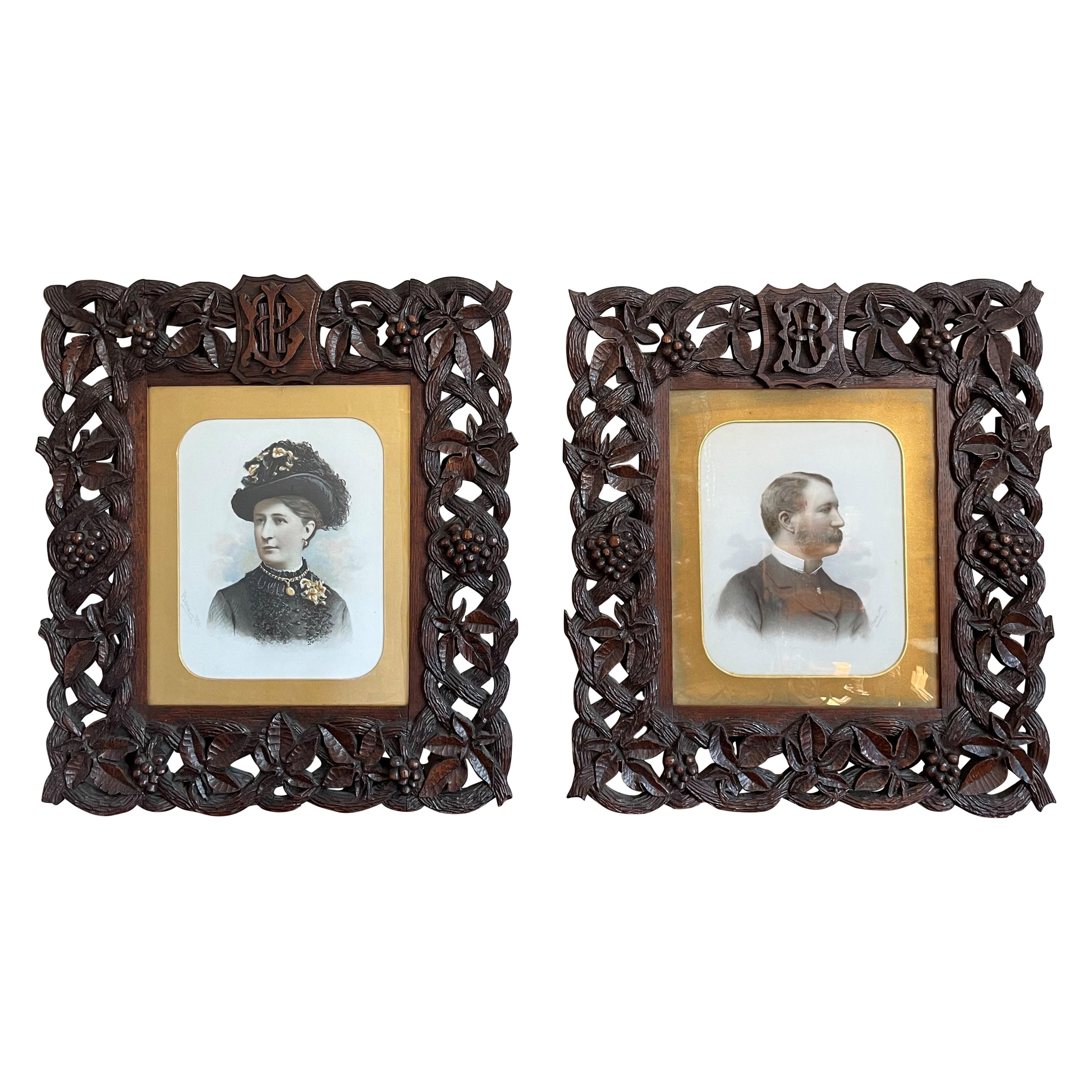 Antique Pair of Black Forest Photo Frames / Wall Mirrors with Grapevine Frames