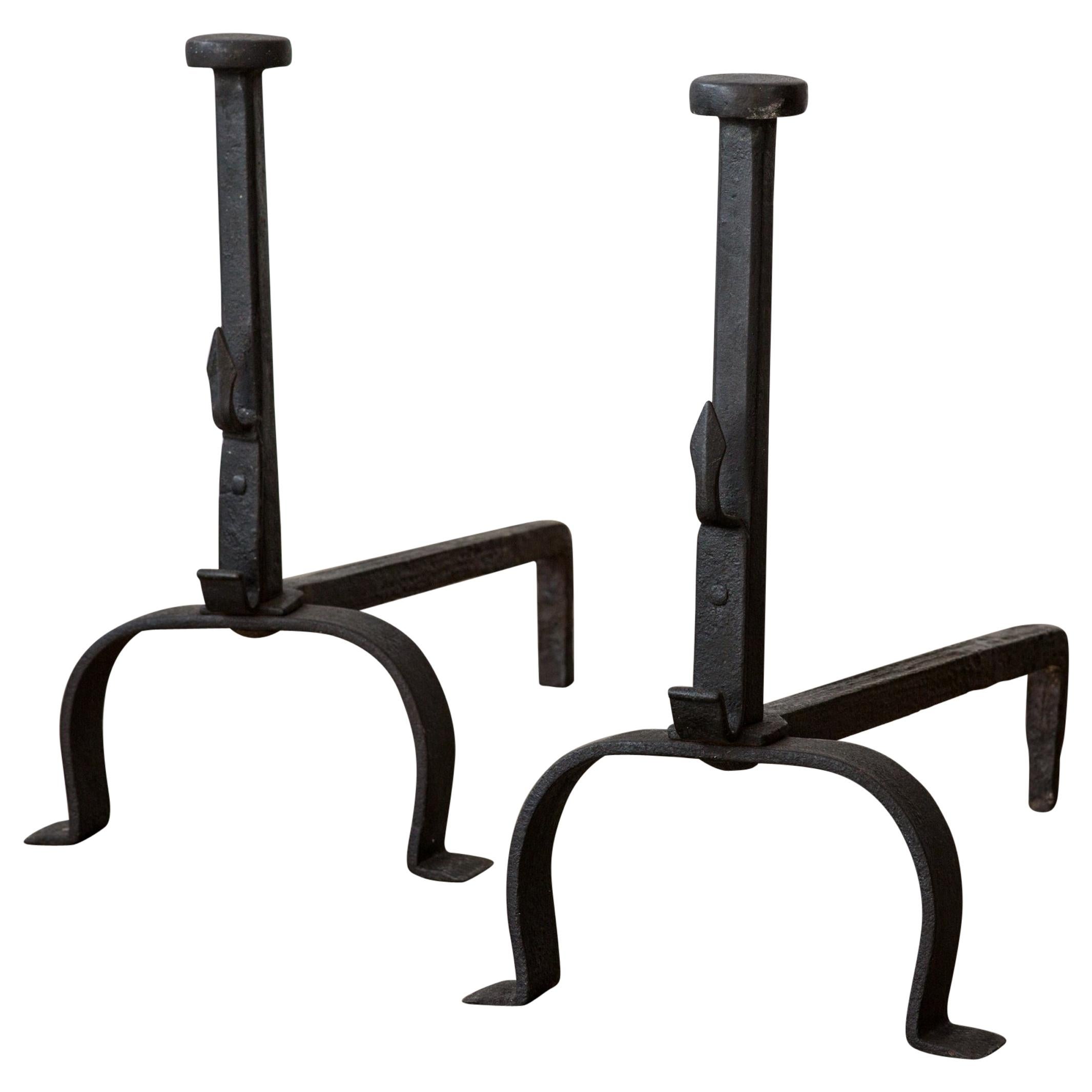 Antique Pair of Black Wrought Iron Fireplace Andirons from Italy, 19th Century For Sale