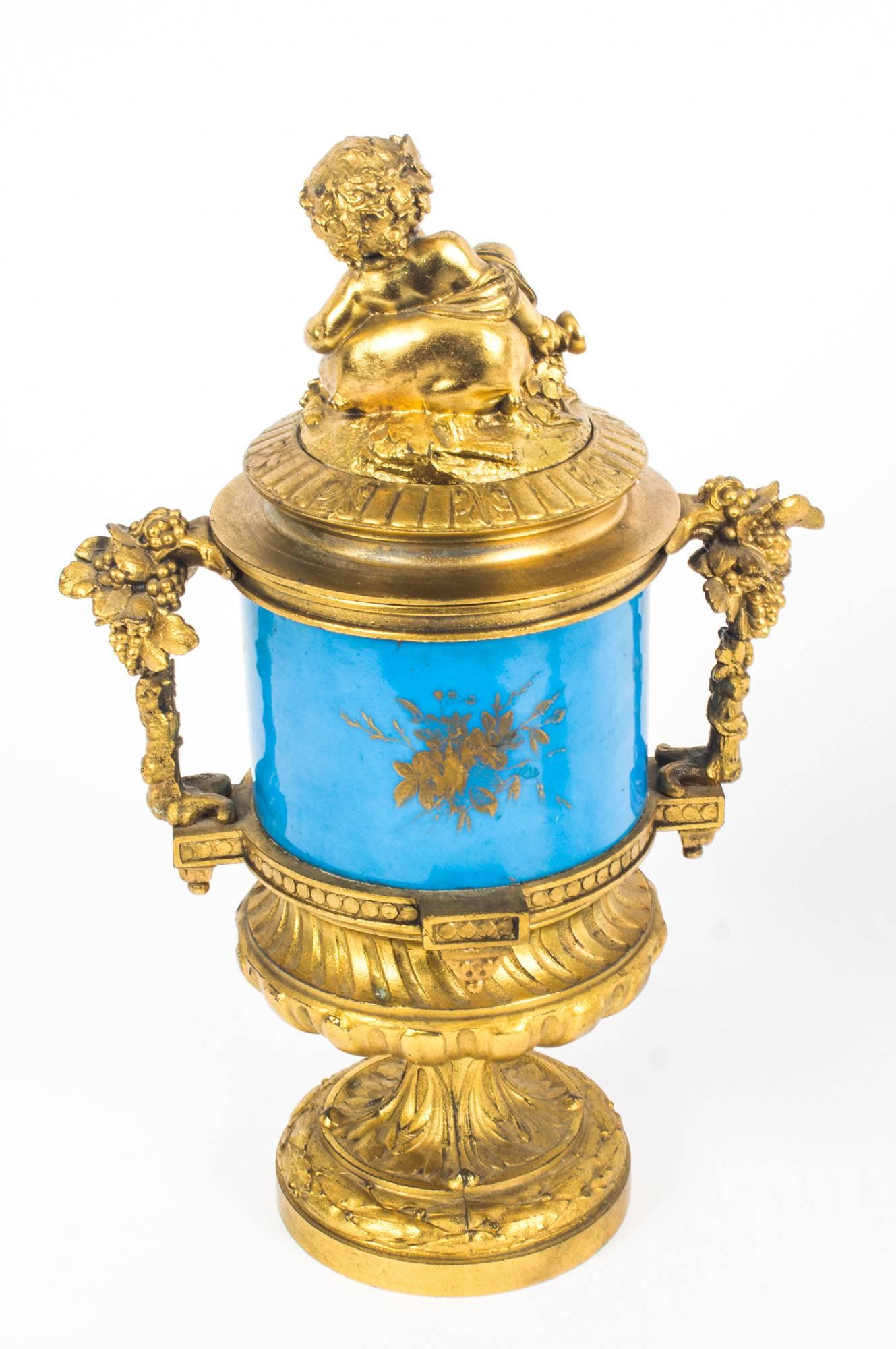 Antique Pair of Bleu Celeste Sevres Porcelain Gilt Bronze Lidded Urns 2