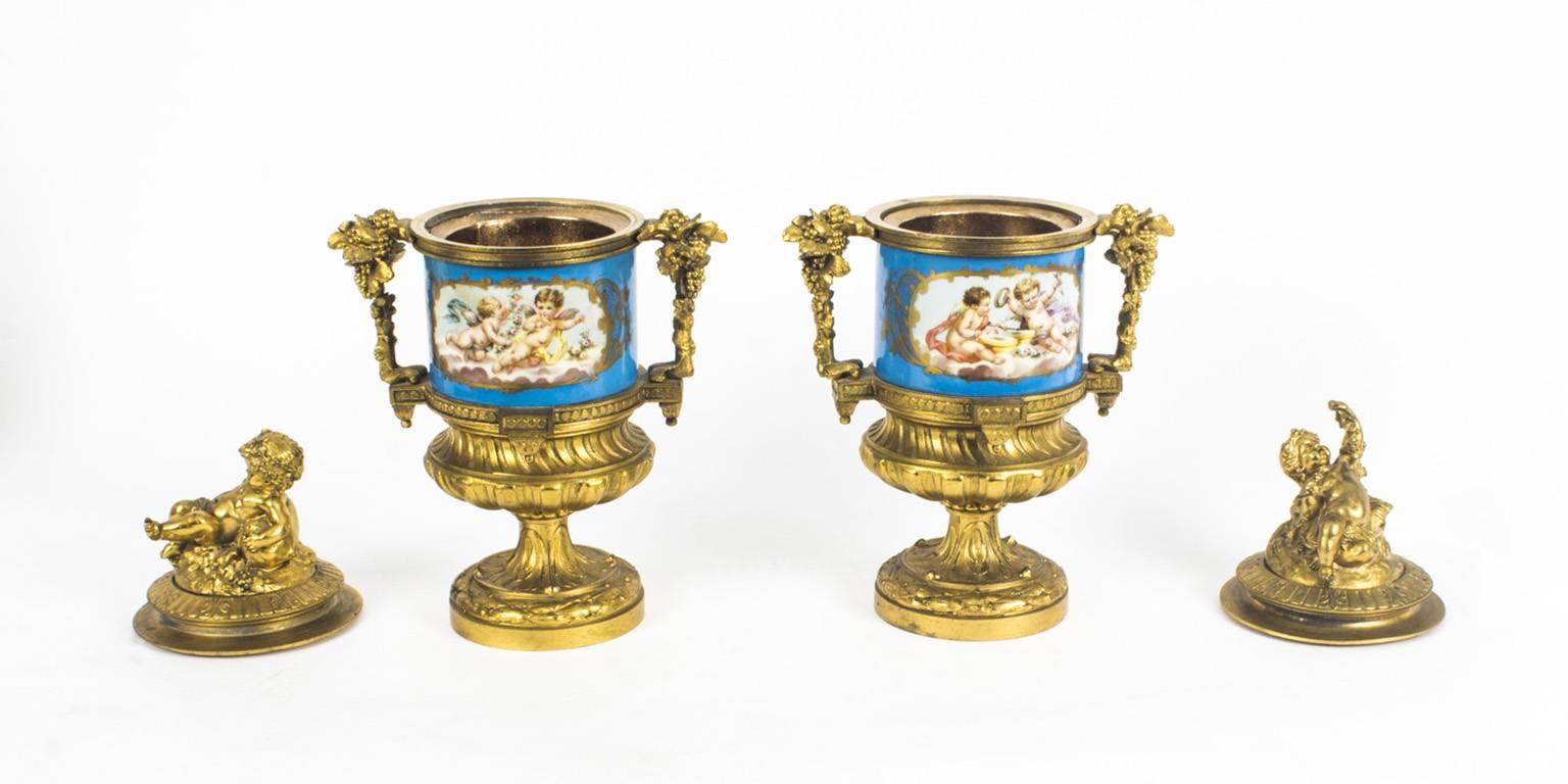 Antique Pair of Bleu Celeste Sevres Porcelain Gilt Bronze Lidded Urns 3