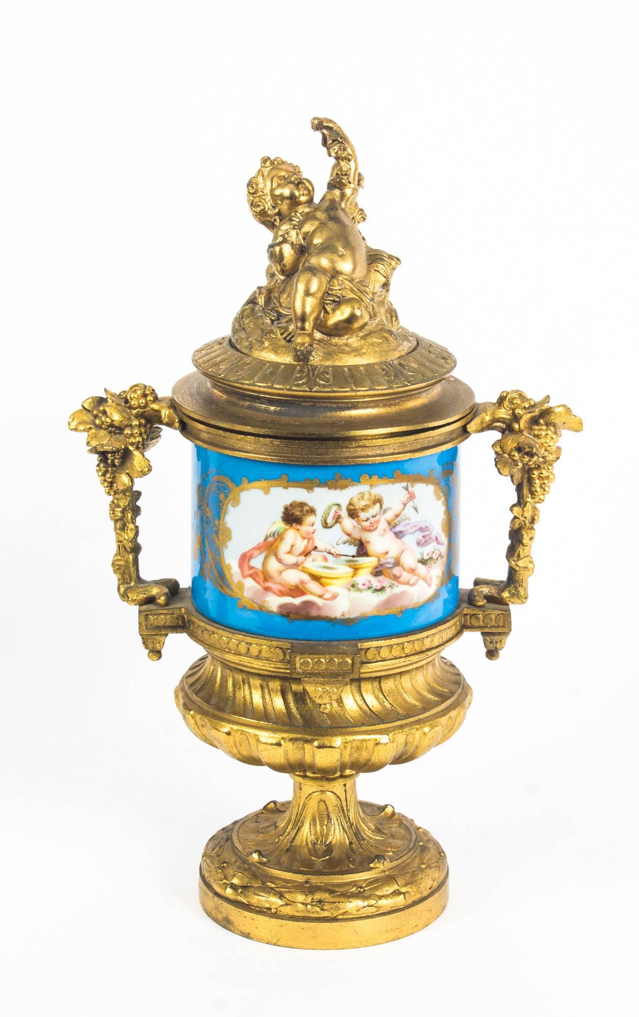 Antique Pair of Bleu Celeste Sevres Porcelain Gilt Bronze Lidded Urns 4