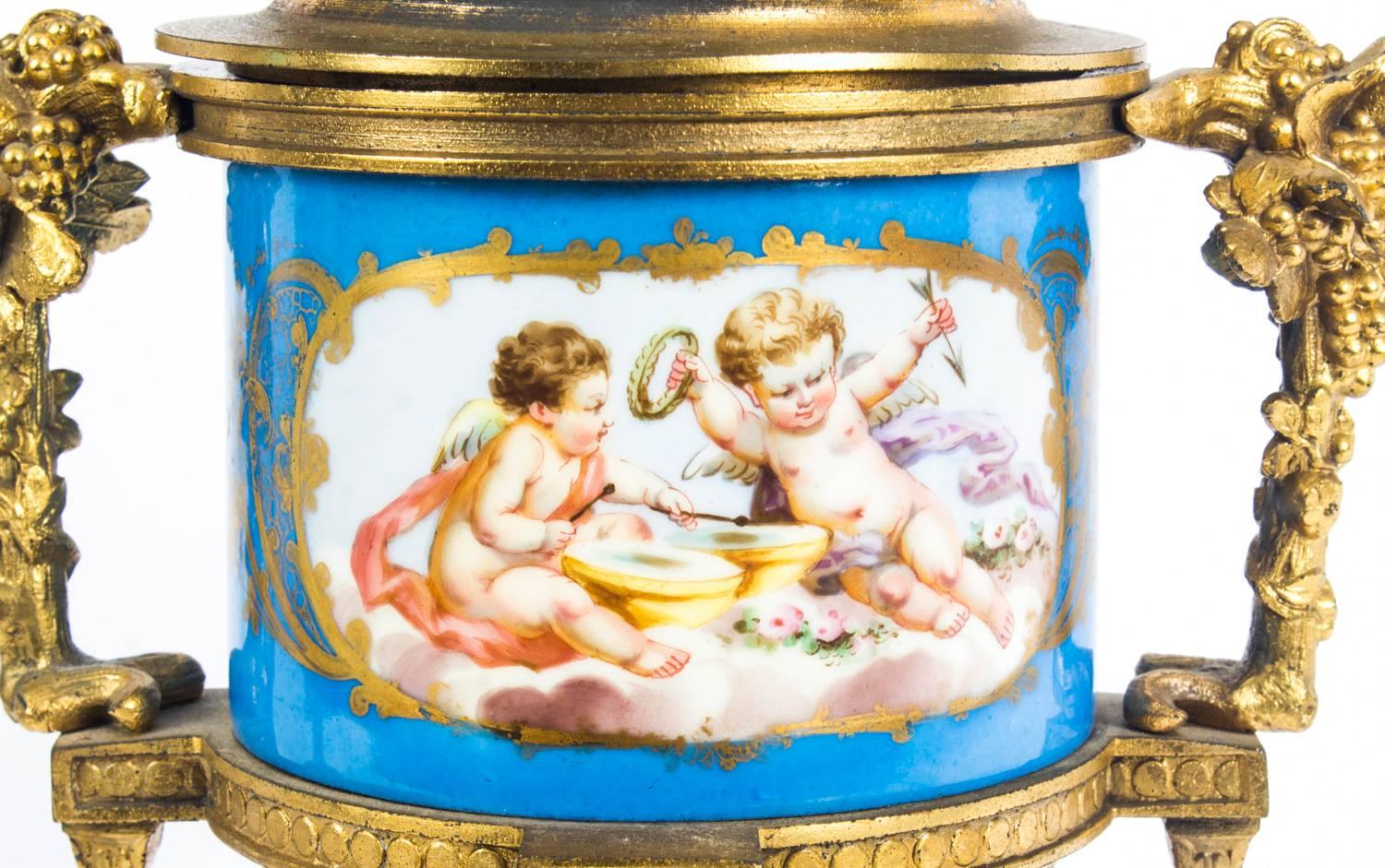 Antique Pair of Bleu Celeste Sevres Porcelain Gilt Bronze Lidded Urns 7