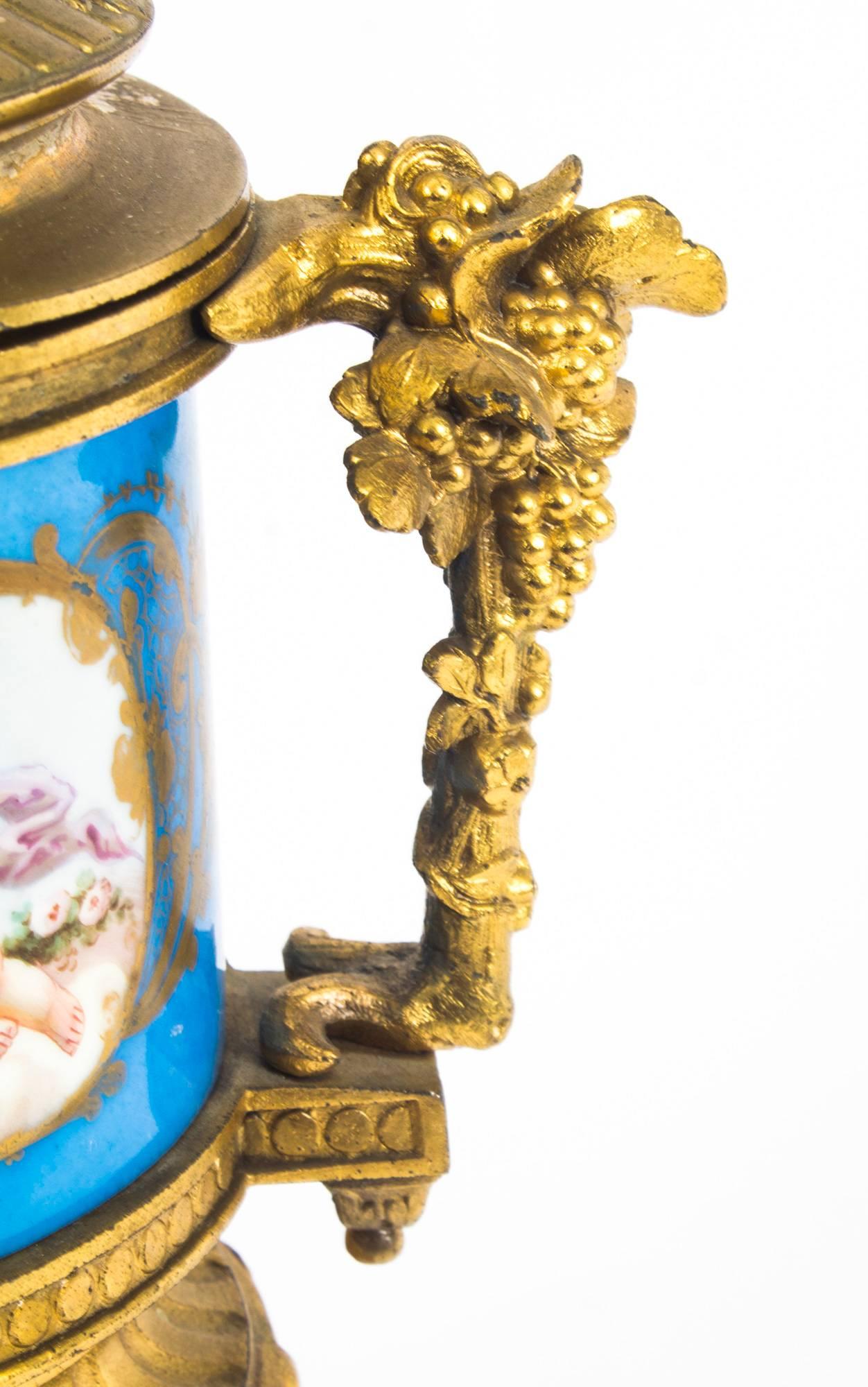 Antique Pair of Bleu Celeste Sevres Porcelain Gilt Bronze Lidded Urns 9
