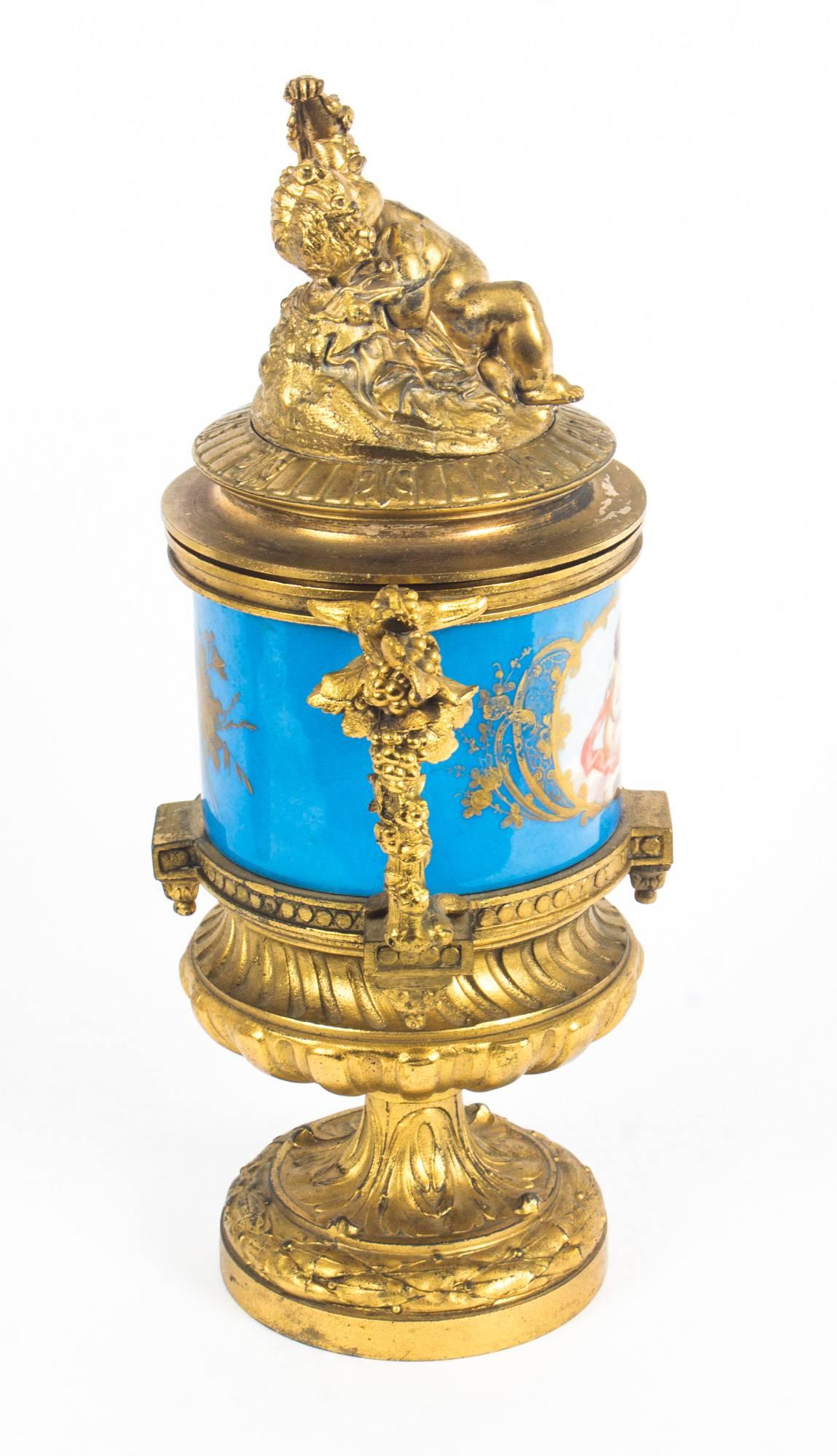 Antique Pair of Bleu Celeste Sevres Porcelain Gilt Bronze Lidded Urns 10