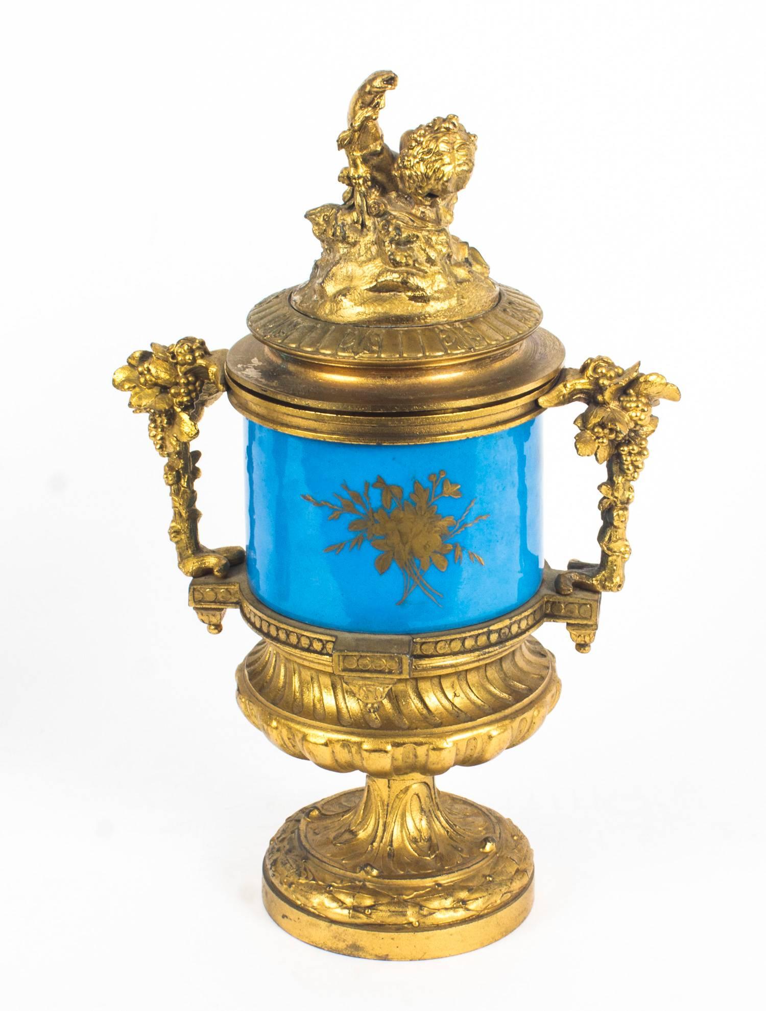 Antique Pair of Bleu Celeste Sevres Porcelain Gilt Bronze Lidded Urns 11