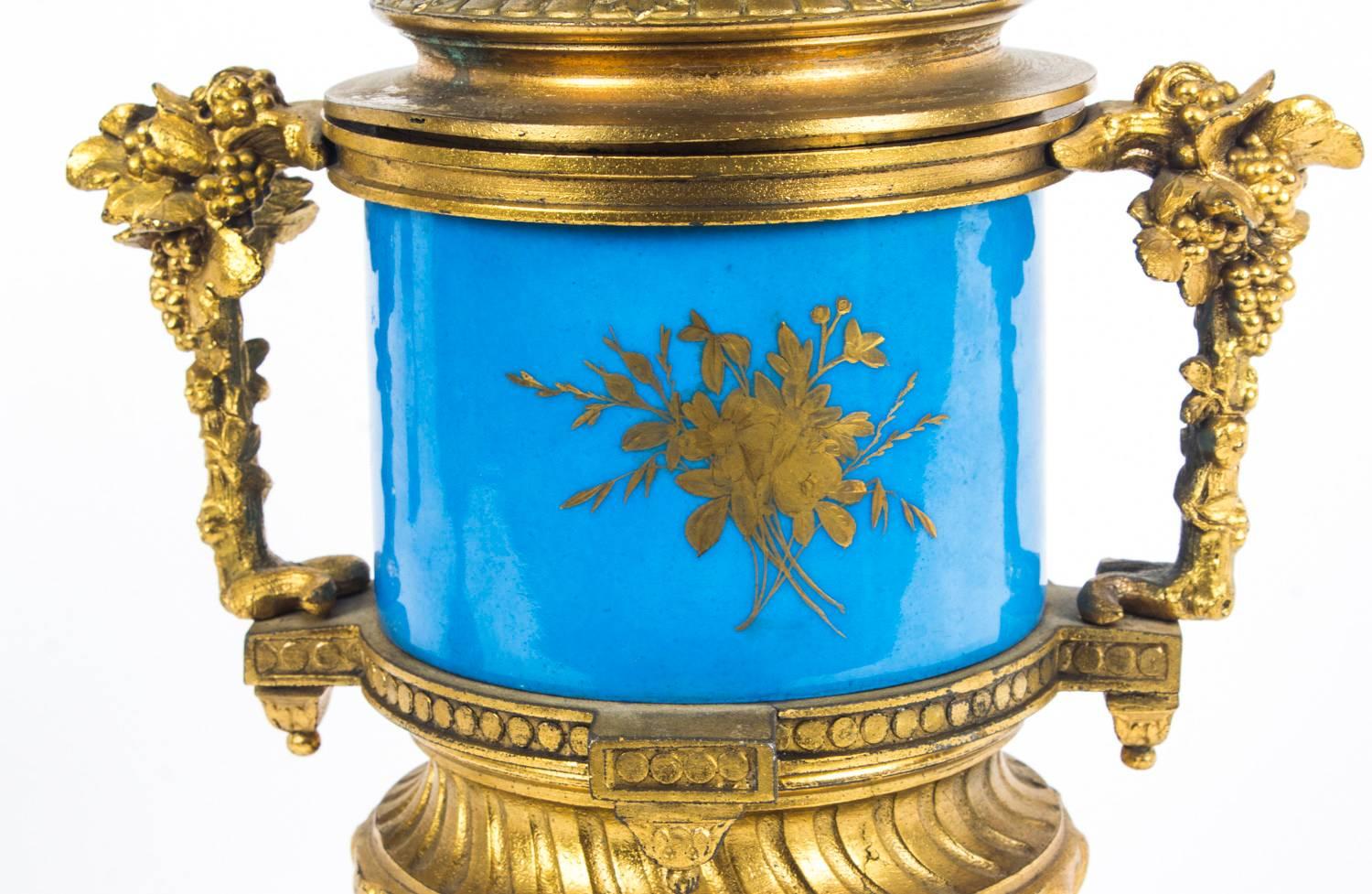 Antique Pair of Bleu Celeste Sevres Porcelain Gilt Bronze Lidded Urns 12