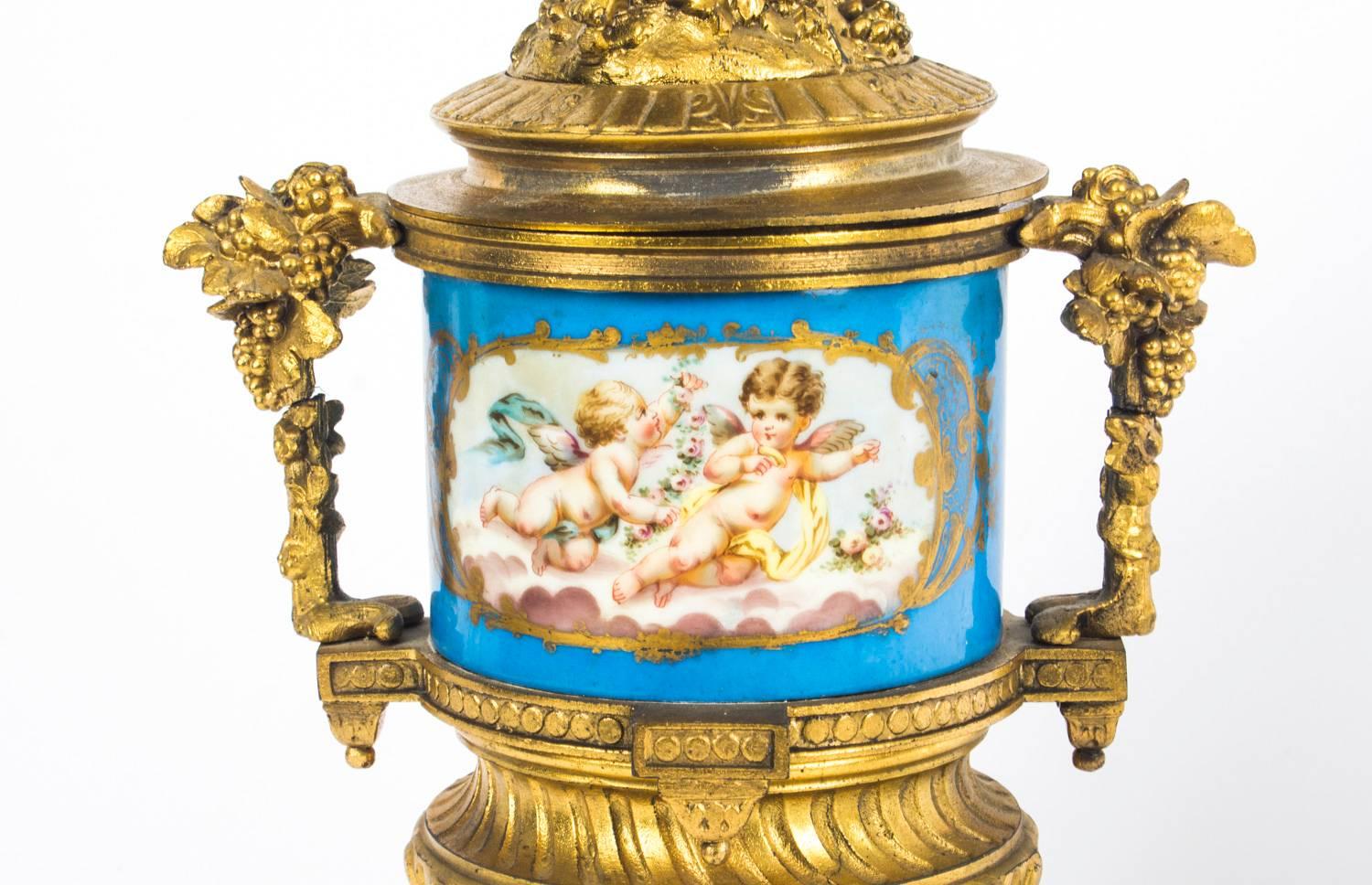 French Antique Pair of Bleu Celeste Sevres Porcelain Gilt Bronze Lidded Urns