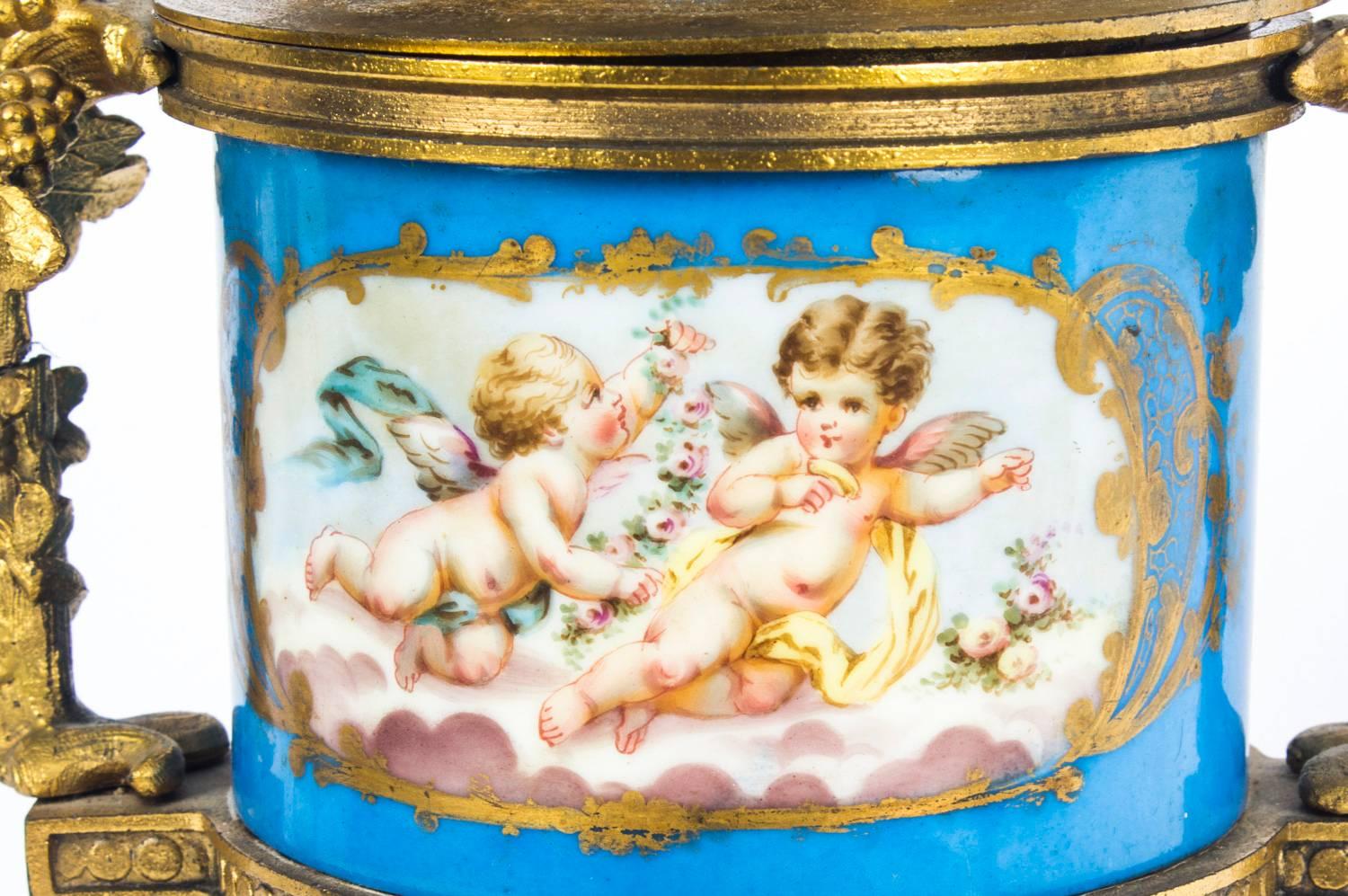 Antique Pair of Bleu Celeste Sevres Porcelain Gilt Bronze Lidded Urns In Excellent Condition In London, GB