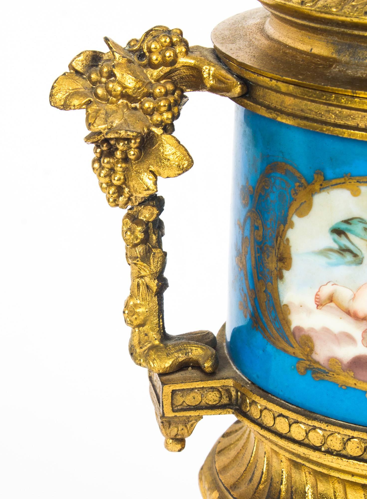Late 19th Century Antique Pair of Bleu Celeste Sevres Porcelain Gilt Bronze Lidded Urns