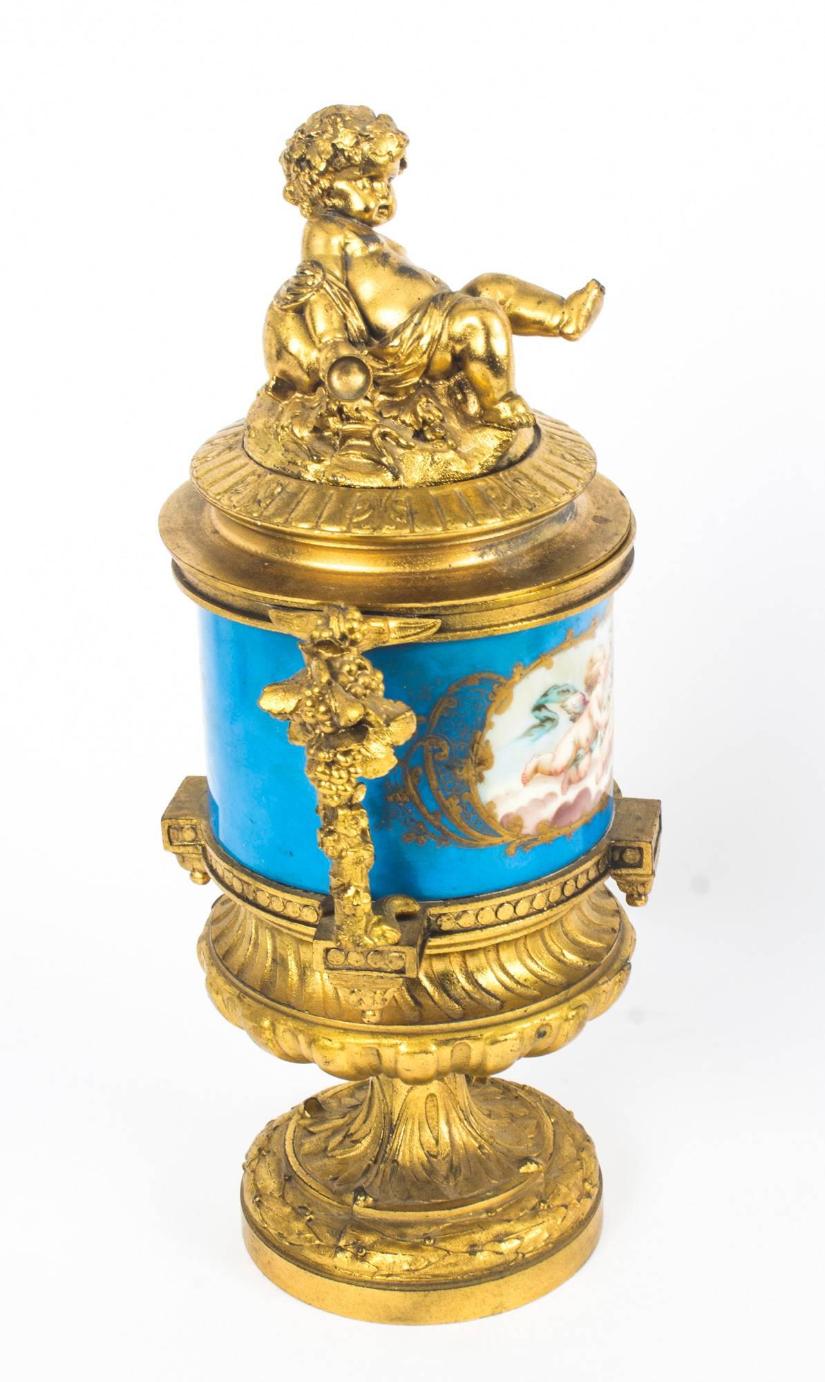 Antique Pair of Bleu Celeste Sevres Porcelain Gilt Bronze Lidded Urns 1