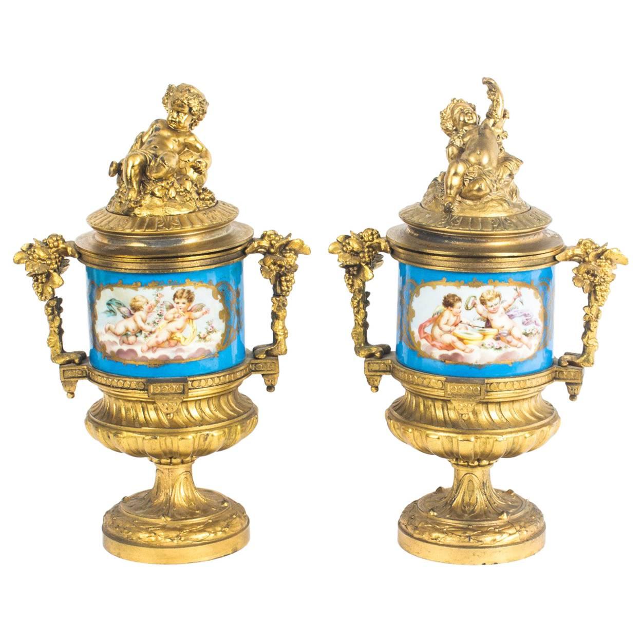 Antique Pair of Bleu Celeste Sevres Porcelain Gilt Bronze Lidded Urns