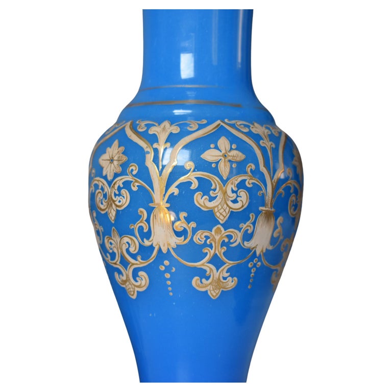 Antique Pair of Blue Opaline Enameled Glass Vases, 19th Century For