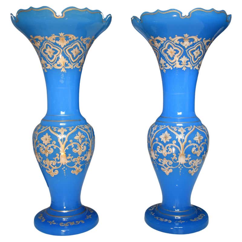 Antique French Blue Opaline Glass Vases For Sale at 1stDibs