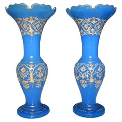 Antique Pair of Blue Opaline Enameled Glass Vases, 19th Century