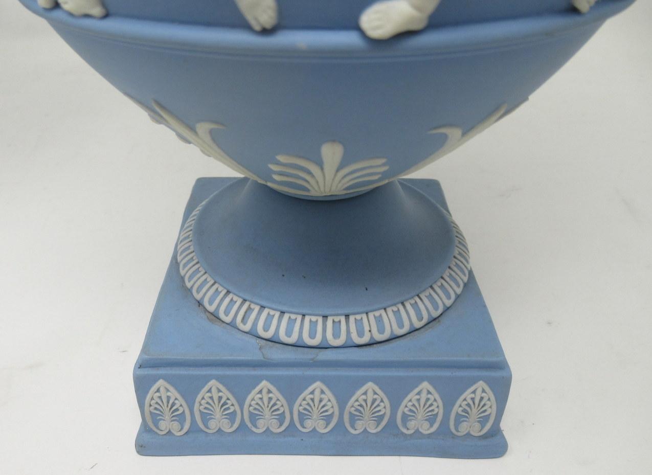 Antique Pair of Blue Wedgwood Jasperware Ceramic Urns Vases John Flaxman Cherubs 1
