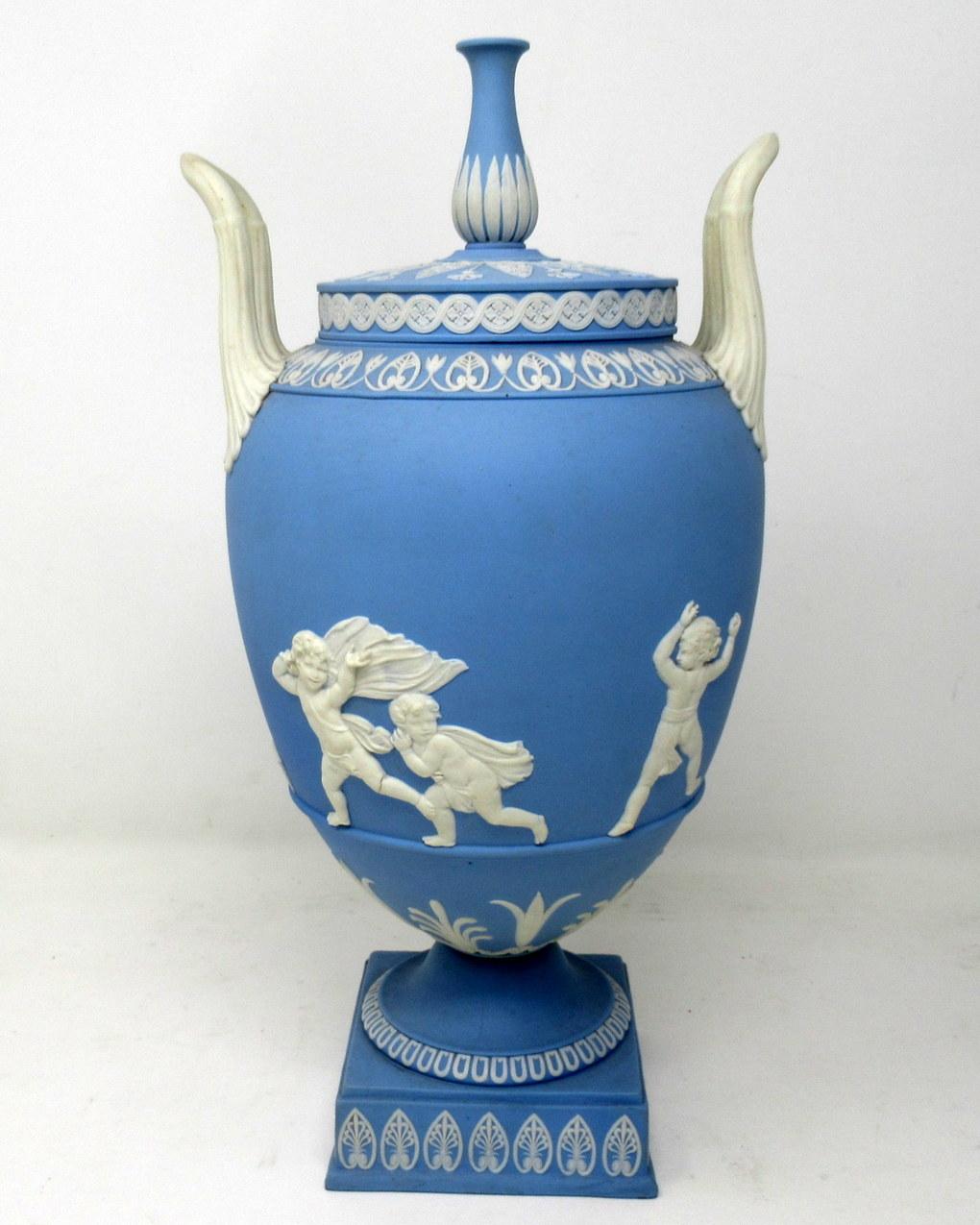 Neoclassical Antique Pair of Blue Wedgwood Jasperware Ceramic Urns Vases John Flaxman Cherubs