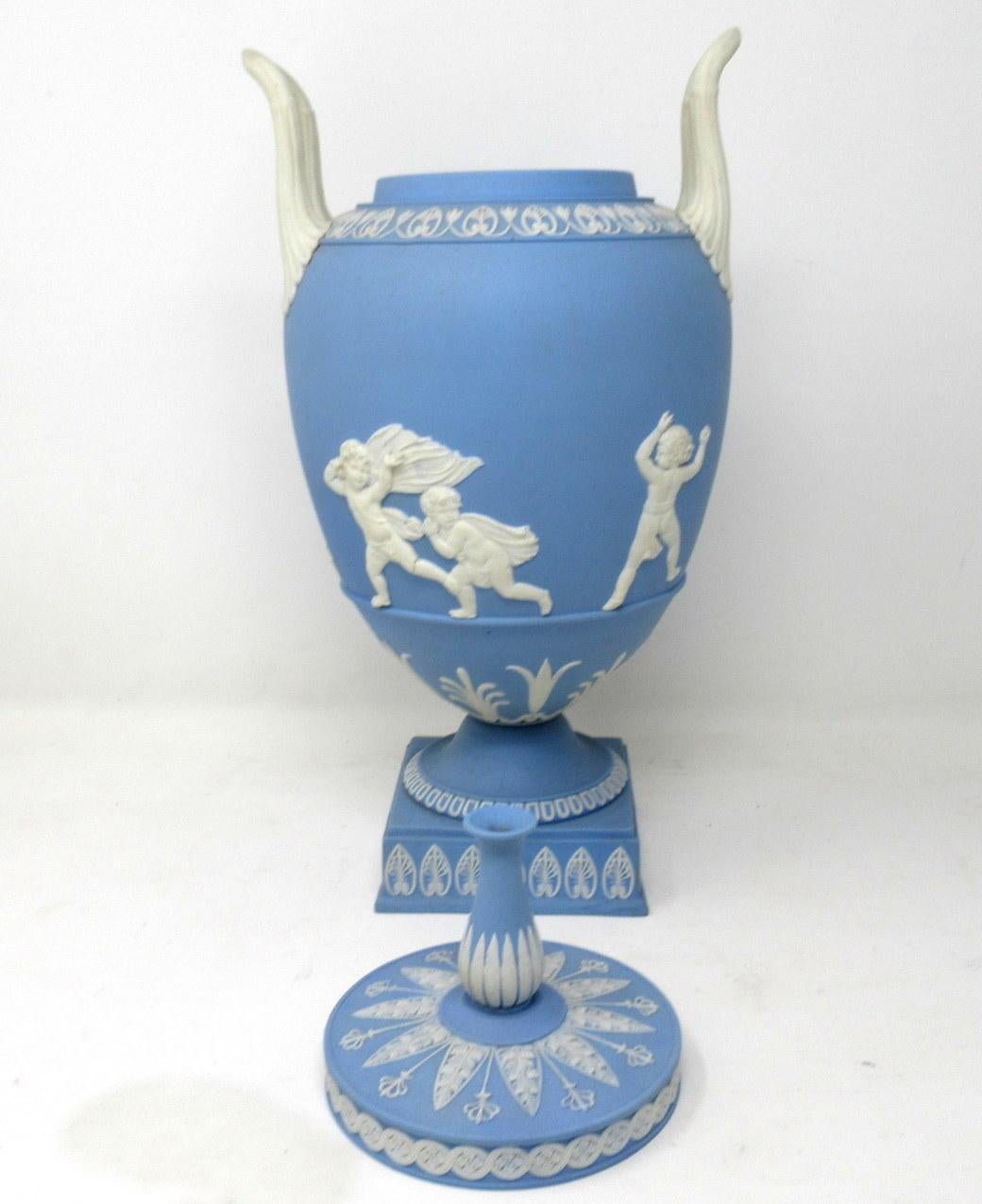 English Antique Pair of Blue Wedgwood Jasperware Ceramic Urns Vases John Flaxman Cherubs