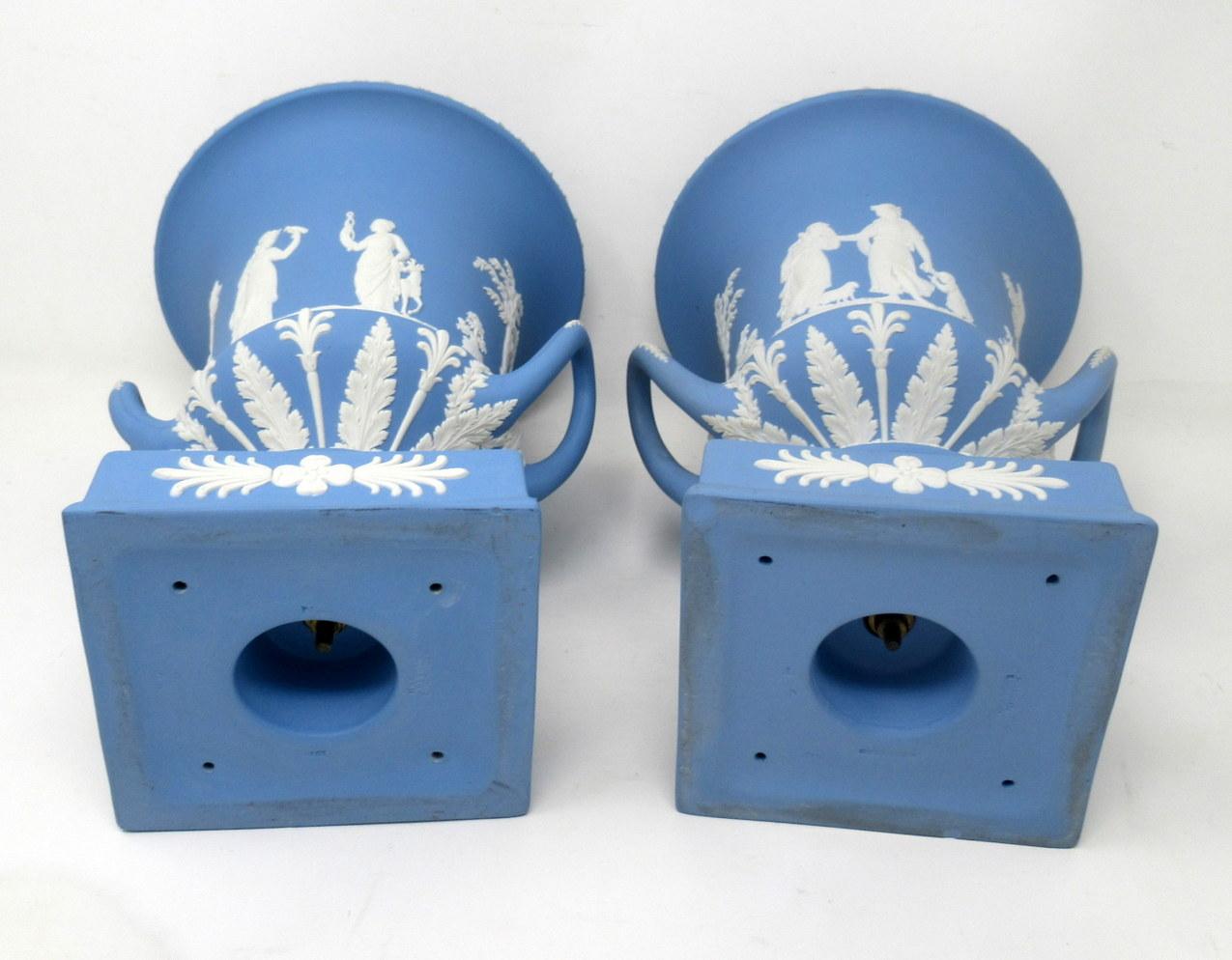 Antique Pair of Blue Wedgwood Jasperware Ceramic Urns Vases Mythological Scenes 4