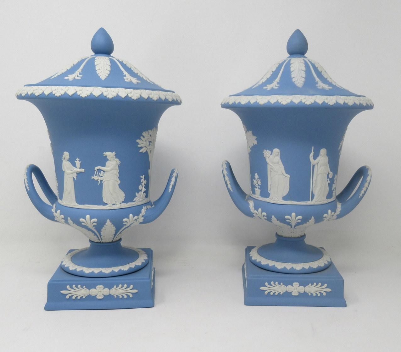 Hand-Painted Antique Pair of Blue Wedgwood Jasperware Ceramic Urns Vases Mythological Scenes