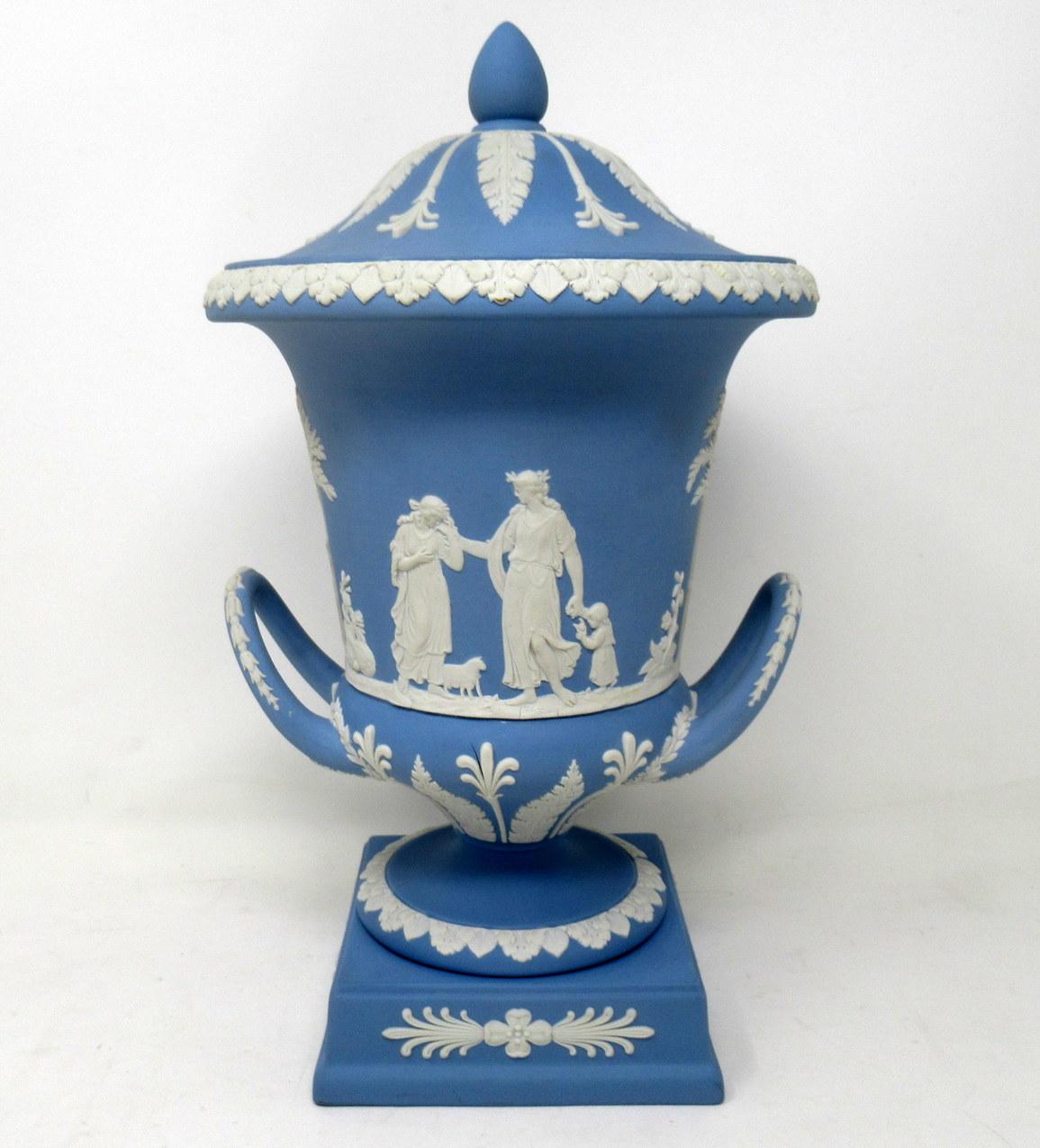 English Antique Pair of Blue Wedgwood Jasperware Ceramic Urns Vases Mythological Scenes