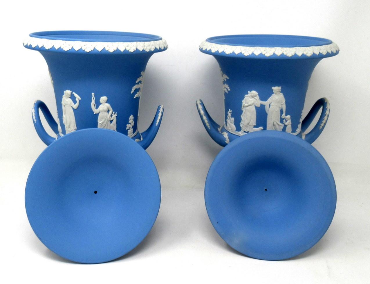 20th Century Antique Pair of Blue Wedgwood Jasperware Ceramic Urns Vases Mythological Scenes