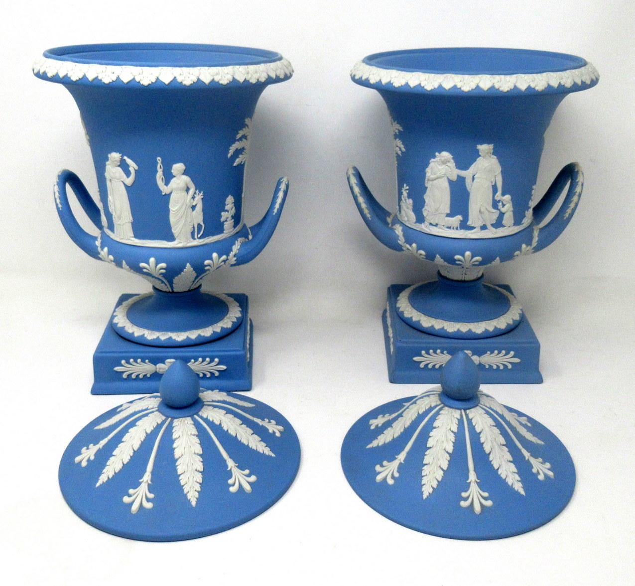 Antique Pair of Blue Wedgwood Jasperware Ceramic Urns Vases Mythological Scenes 1