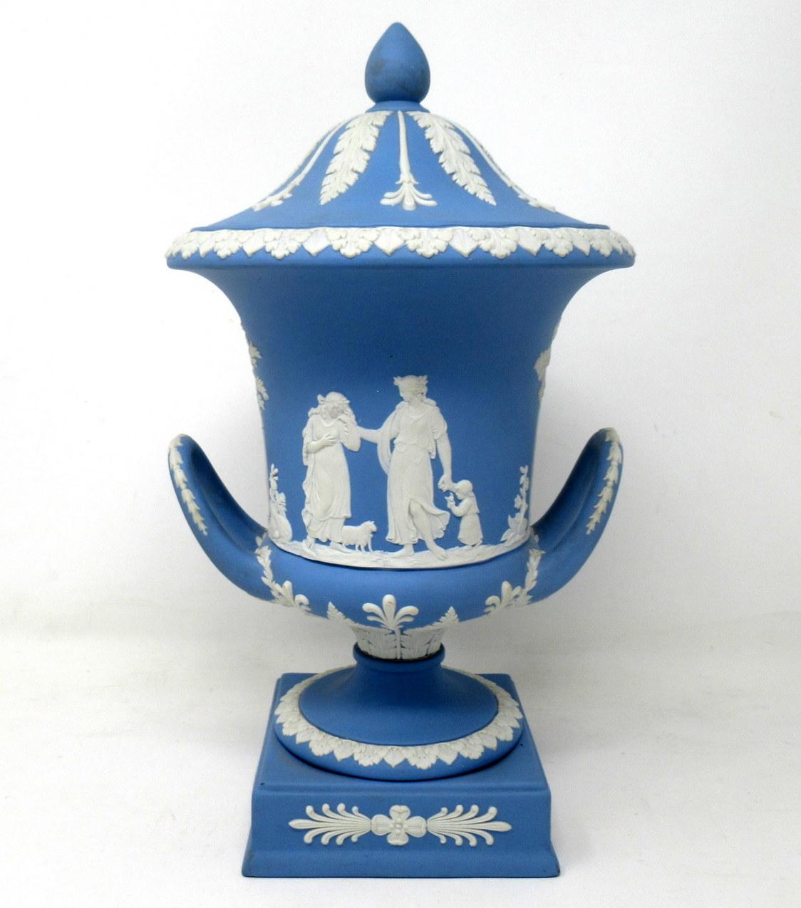 Antique Pair of Blue Wedgwood Jasperware Ceramic Urns Vases Mythological Scenes 2