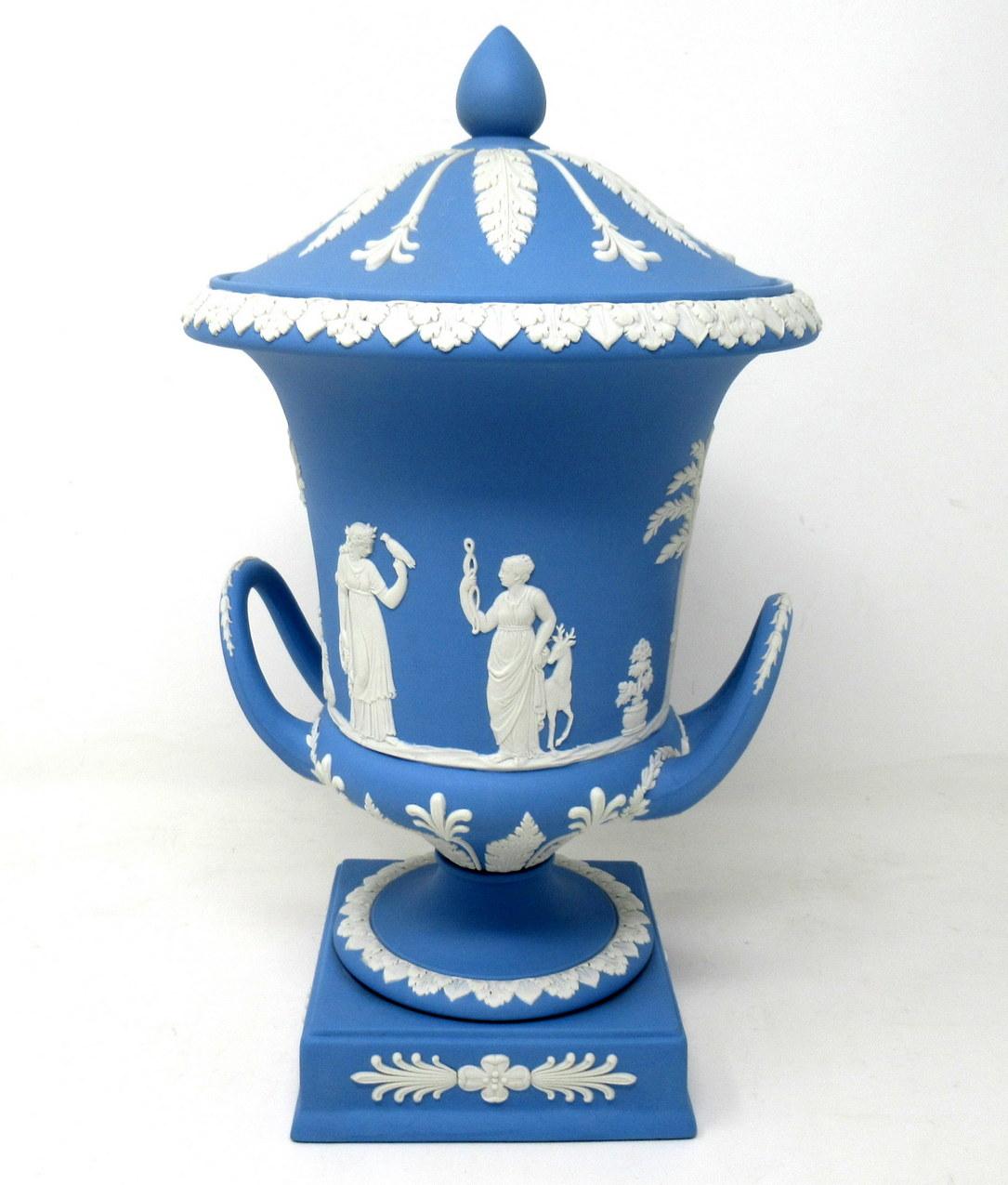 Antique Pair of Blue Wedgwood Jasperware Ceramic Urns Vases Mythological Scenes 3