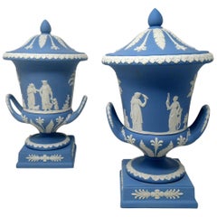Antique Pair of Blue Wedgwood Jasperware Ceramic Urns Vases Mythological Scenes