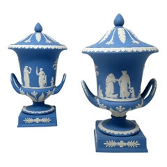 Retro Pair of Blue Wedgwood Jasperware Ceramic Urns Vases Mythological Scenes