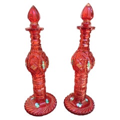 Antique Pair of Bohemian Cranberry Crystal Glass Decanters, 19th Century