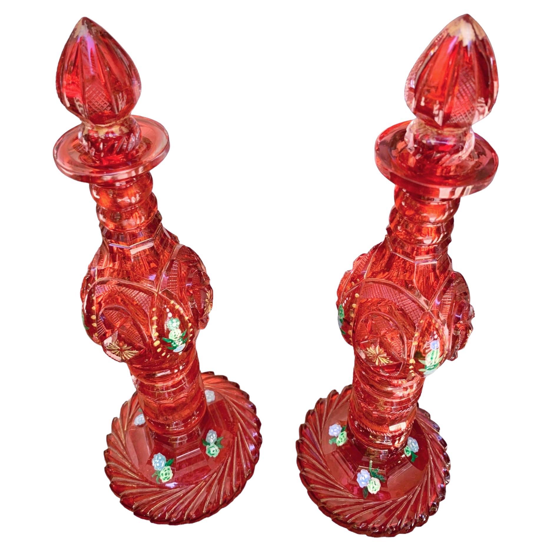 Antique Pair of Bohemian Cranberry Crystal Glass Decanters, 19th Century 1
