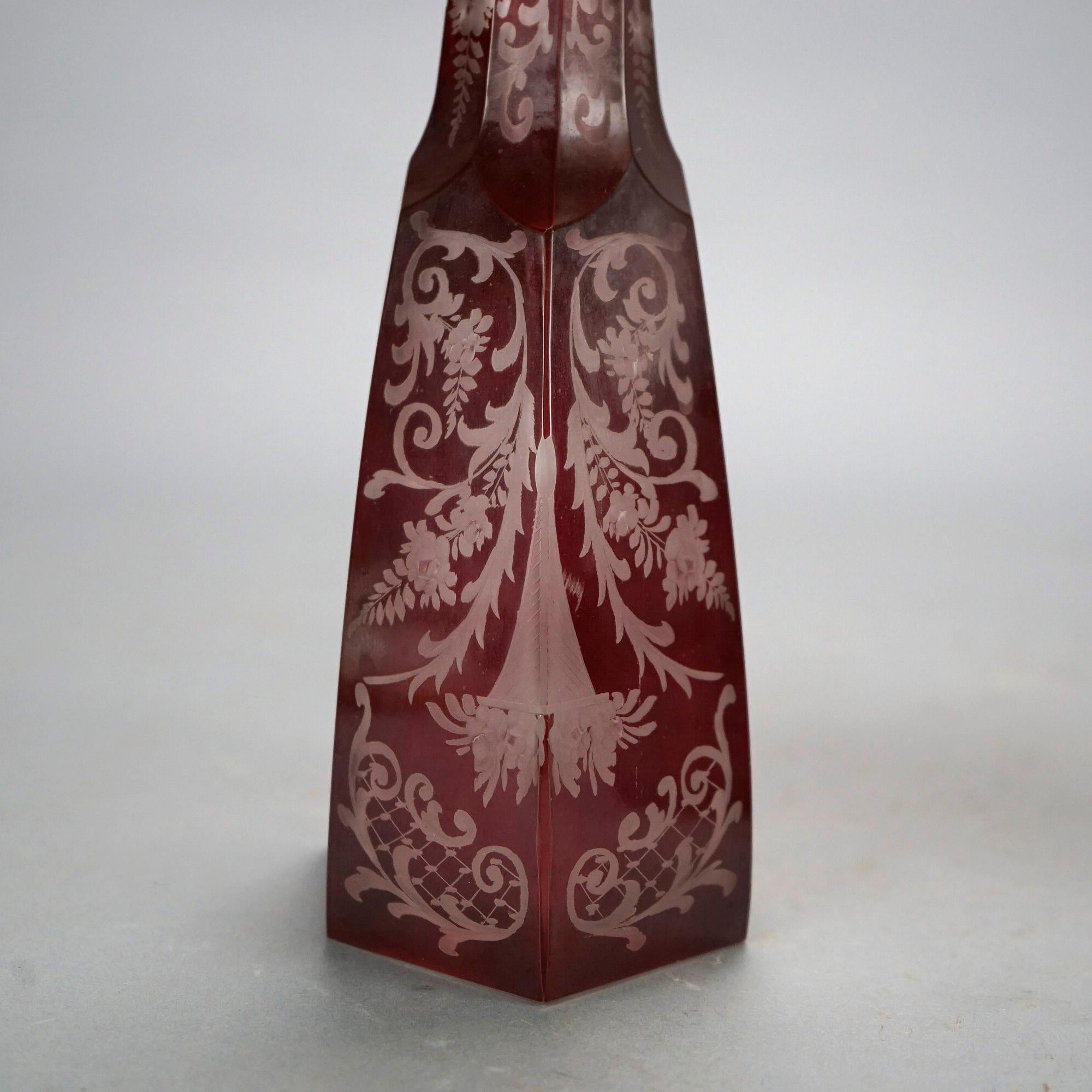 Antique Pair of Bohemian Cranberry Cut-to-Clear Decanters 19th C 5