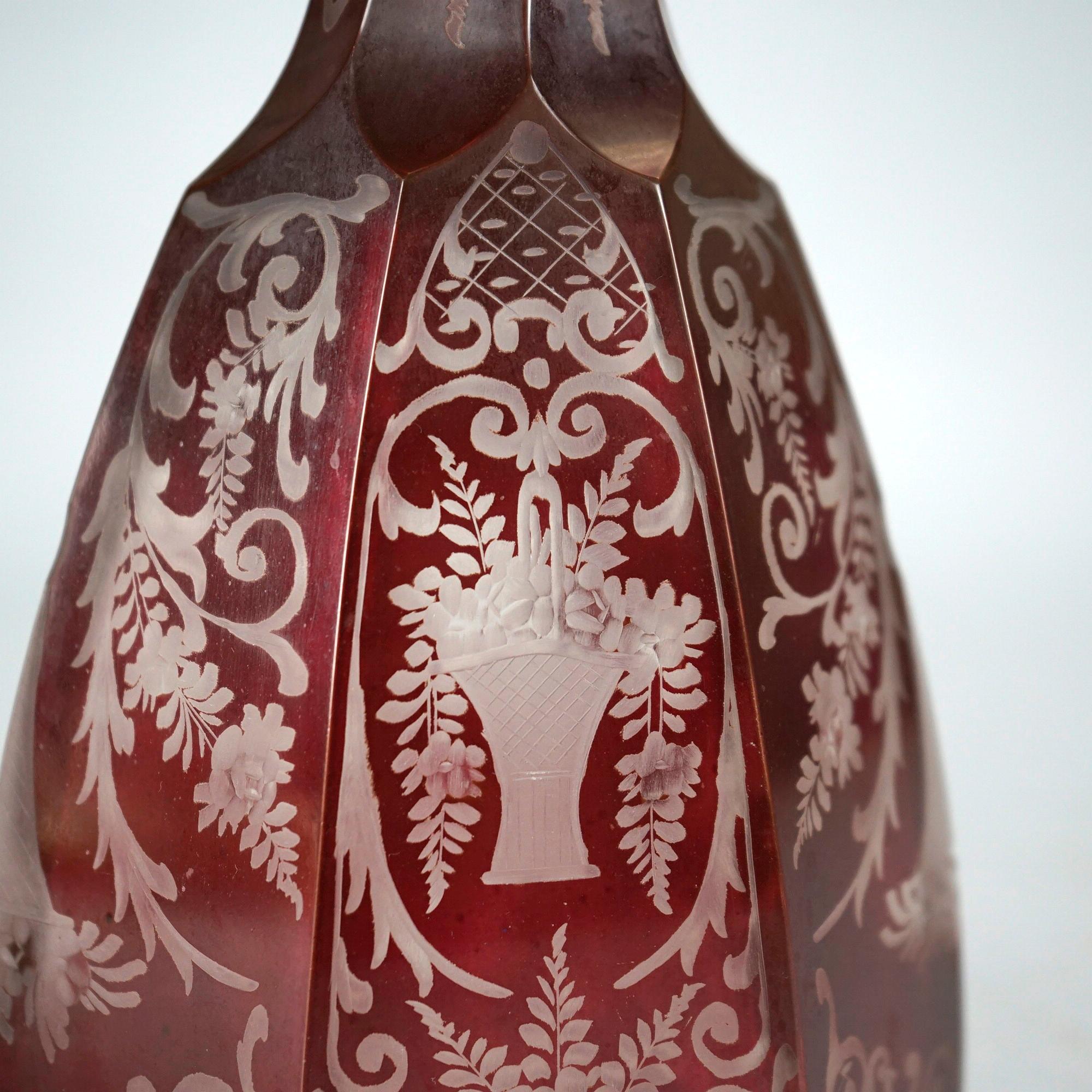 Antique Pair of Bohemian Cranberry Cut-to-Clear Decanters 19th C 6