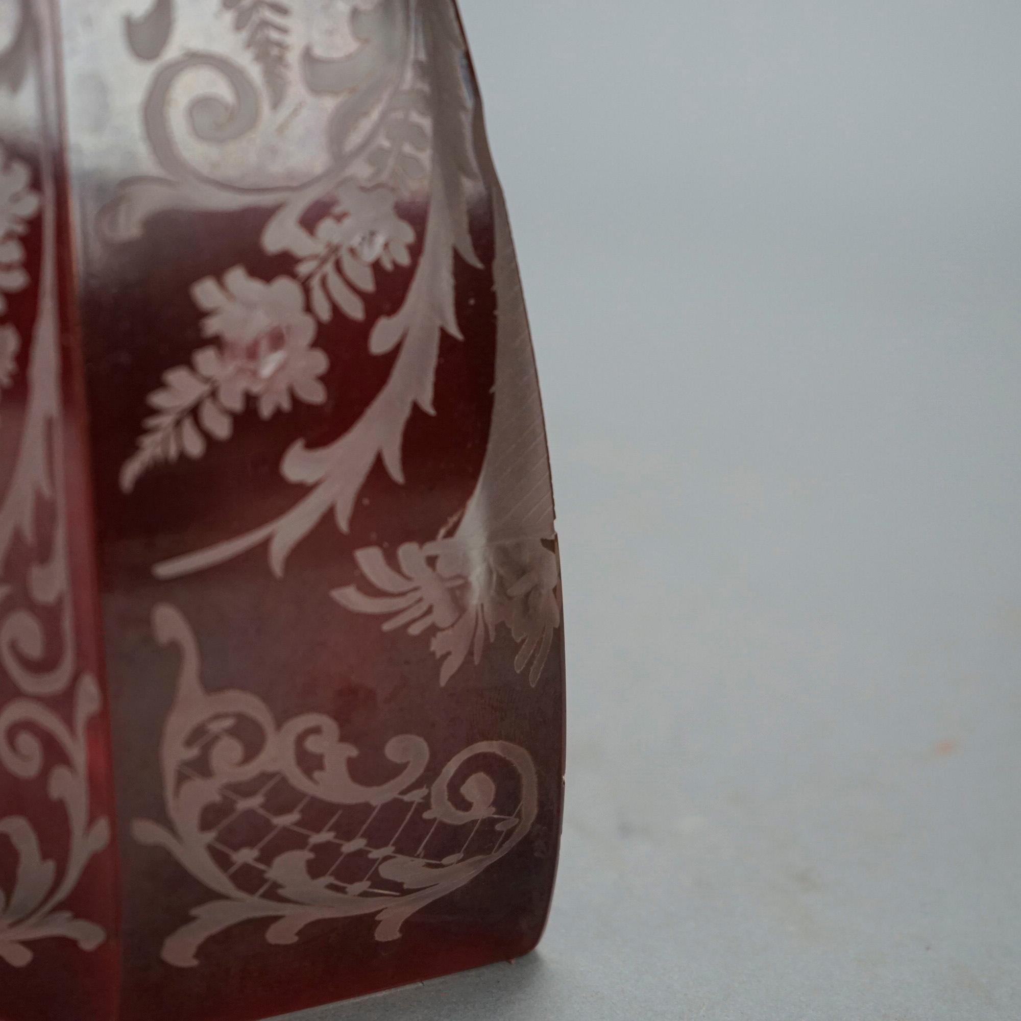 Antique Pair of Bohemian Cranberry Cut-to-Clear Decanters 19th C 7